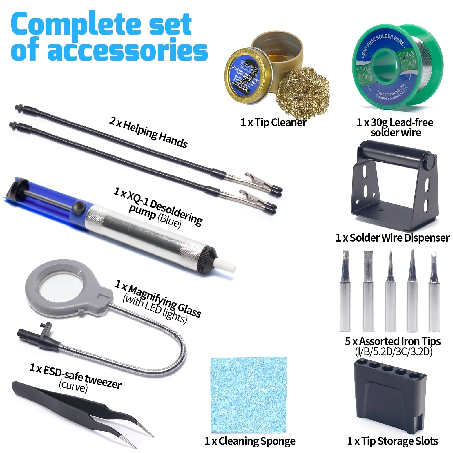 WEP 927-IV V1 Kit Estación de Soldadura Soldador de Estaño 110W con 3 Canales Preestablecidos, Modo de Reposo, Lupa LED, 5 Puntas de Soldar, 2 Manos Auxiliares, Hilo de Soldadura (enchufe UE)