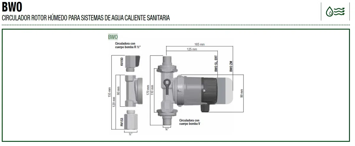 Bomba circuladora agua caliente sanitaria BWO 155 R ZM referencia 433121010 DAB