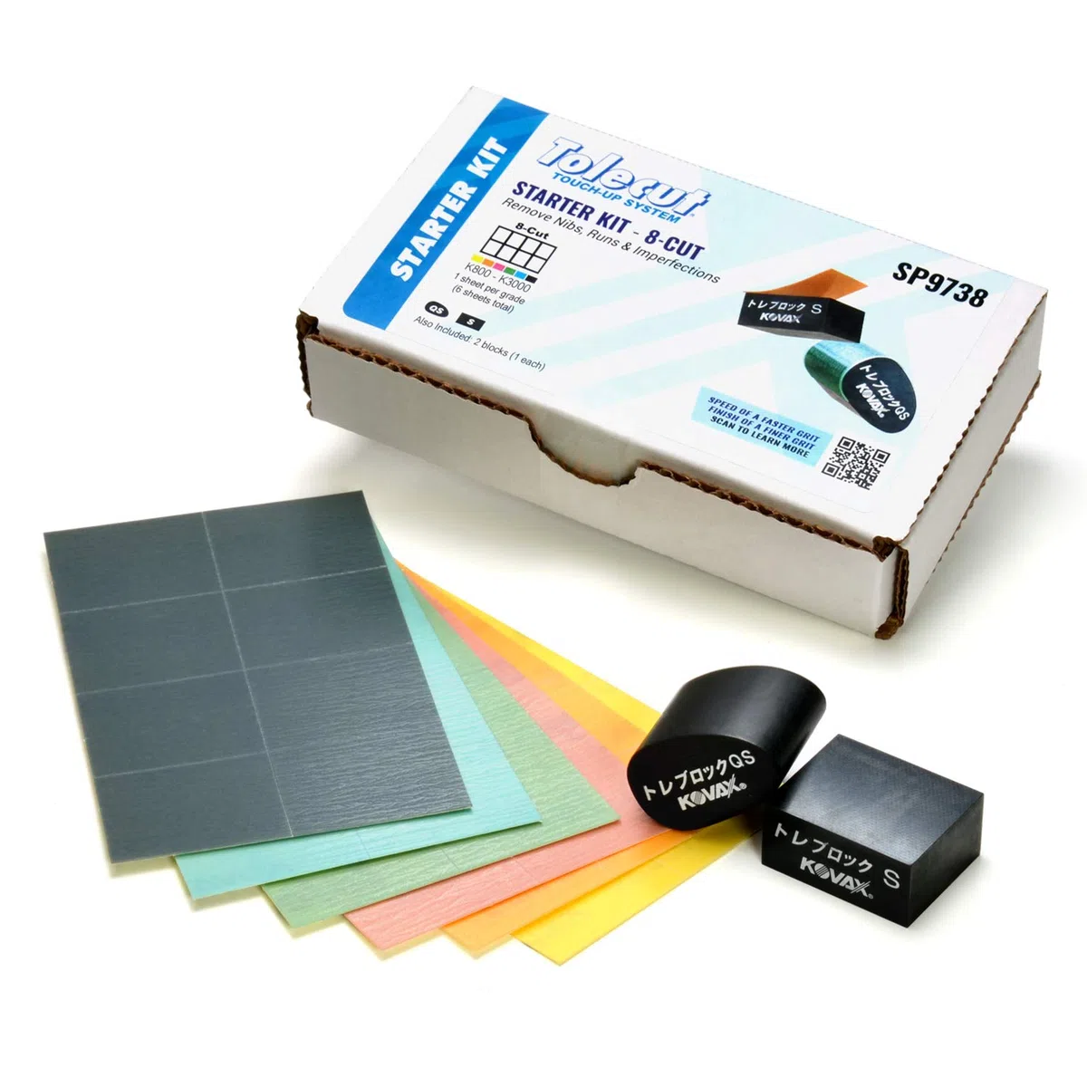 Tolecut Starter Kit - Hojas de lijado PSA de 8 cortes, para puntas, tramos e imperfecciones, SP9738, K800 - K3000, 6 hojas + 2 bloques Toleblocks