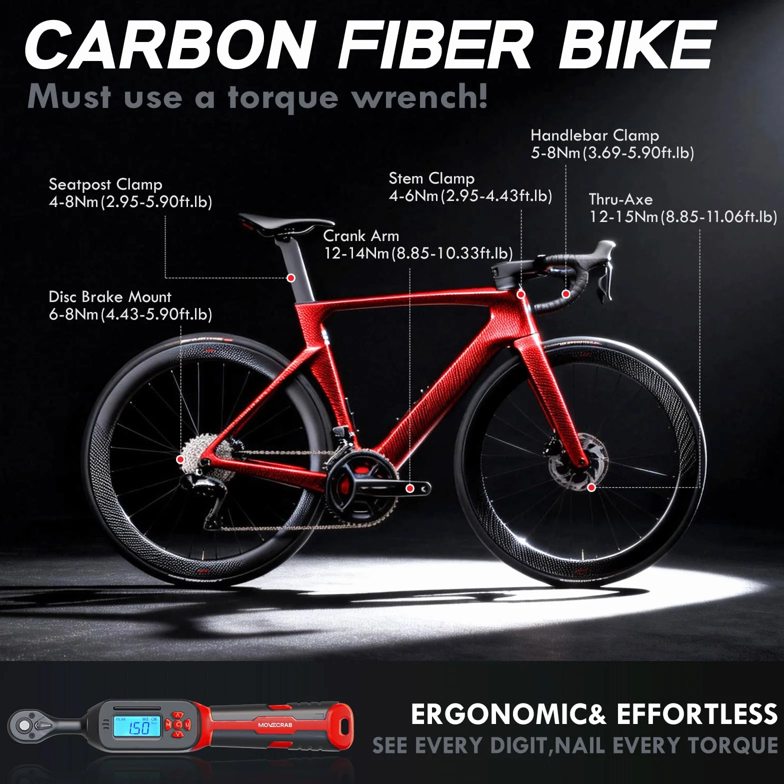 Llave Dinamométrica Digital 1/4", Juego de Llaves para Bicicleta 1.5-30 Nm, Acero S2, Precisión ±2%, Incluye Llaves de Freno 8/10mm, Extensión y Vasos para MTB/Carretera