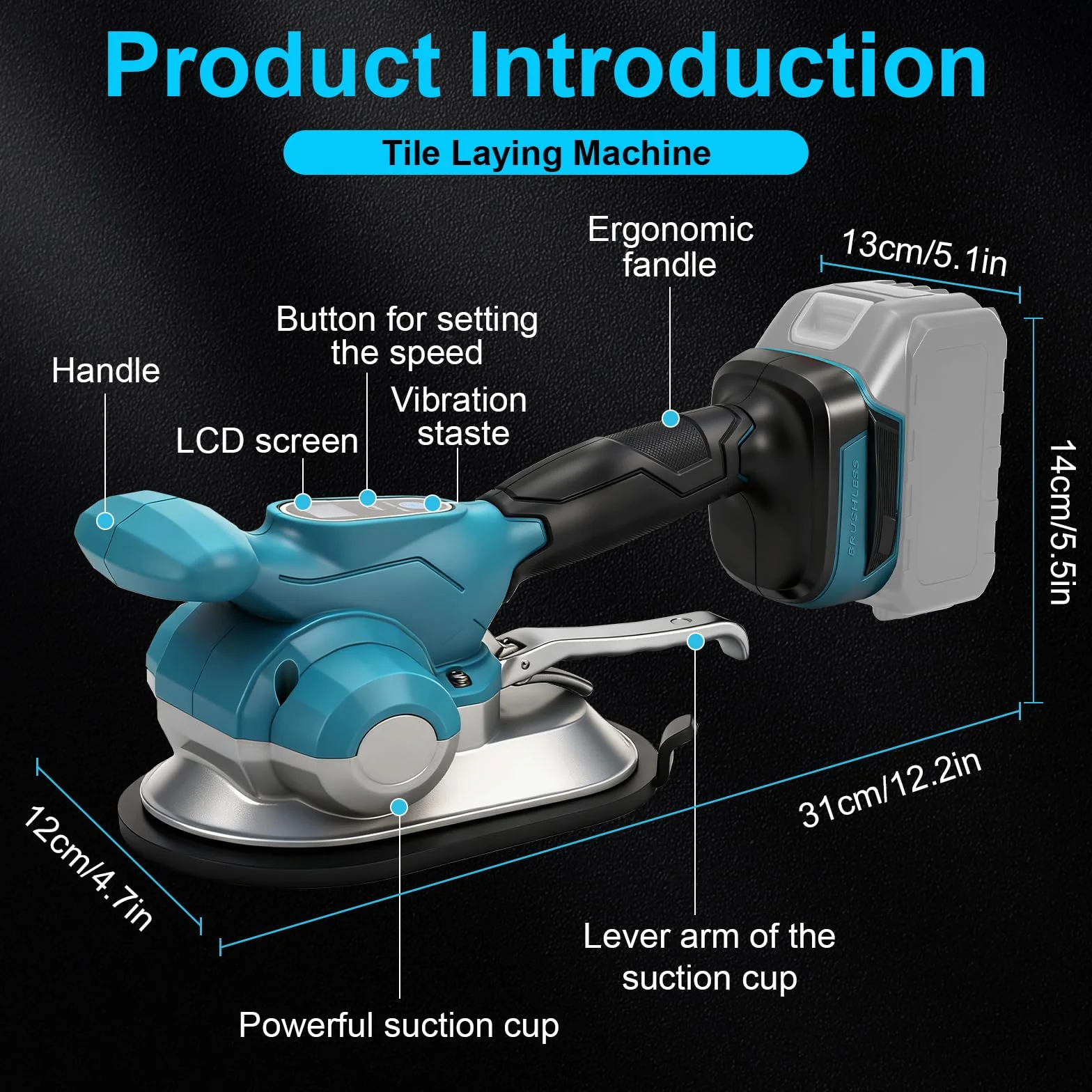Vibrador de azulejos con batería, compatible con batería Makita de 18 V (sin batería incluida), colocador de azulejos con 6 marchas ajustables, ventosa de 20 cm, fuerza de sujeción de 200 kg, pantalla
