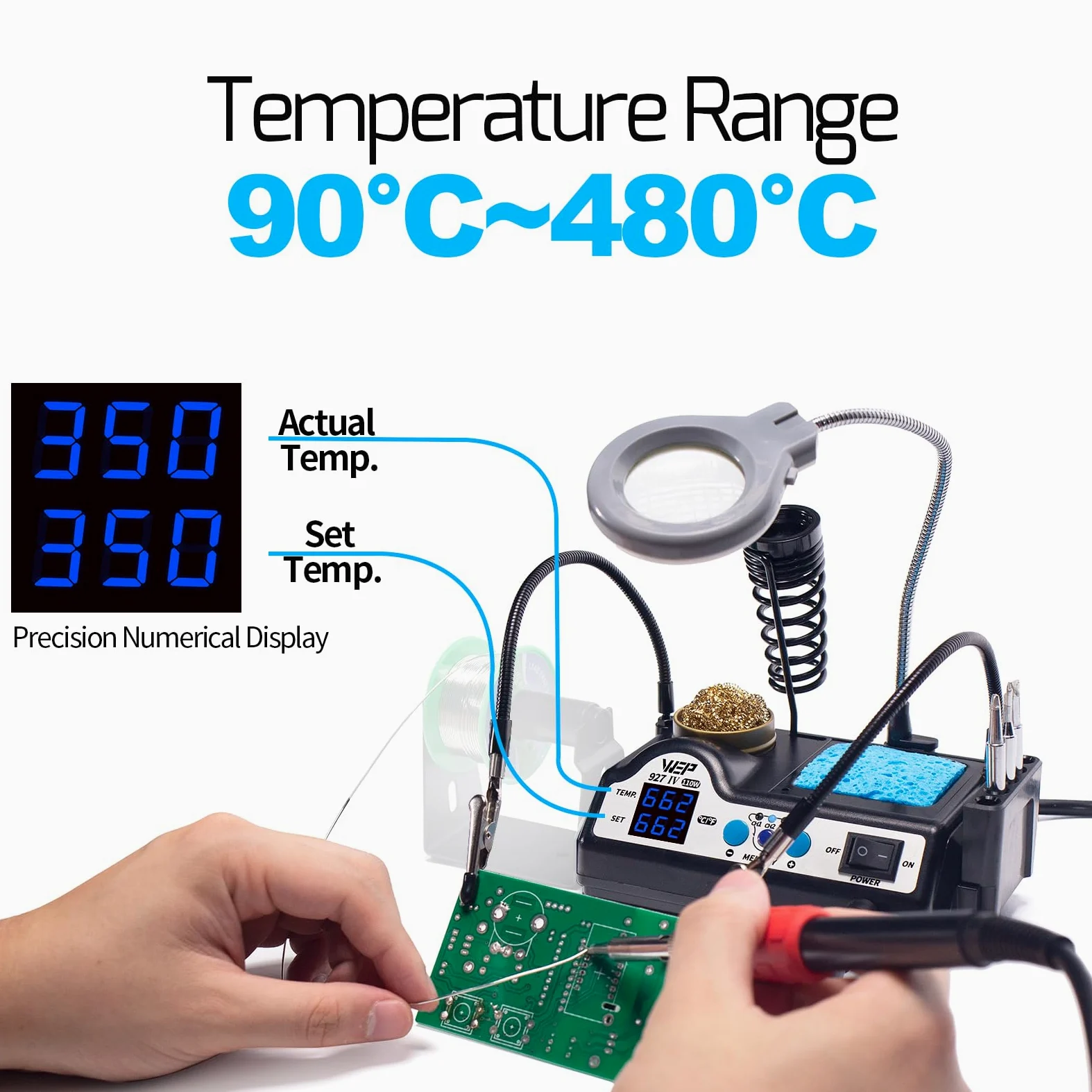 WEP 927-IV V1 Kit Estación de Soldadura Soldador de Estaño 110W con 3 Canales Preestablecidos, Modo de Reposo, Lupa LED, 5 Puntas de Soldar, 2 Manos Auxiliares, Hilo de Soldadura (enchufe UE)