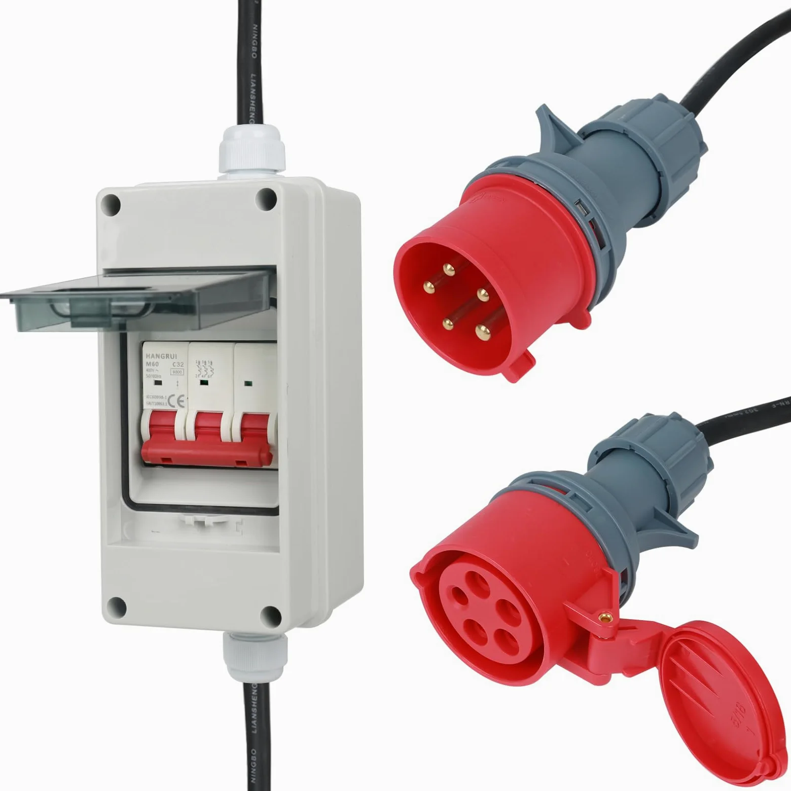 Adaptador CEE de 63 A a 32 A, 400 V 63 A a 32 A con fusible de 32 A, acoplamiento de corriente fuerte, 5G4/5G6 5P CEE adaptador de corriente enchufe y enchufe con interruptor de protección