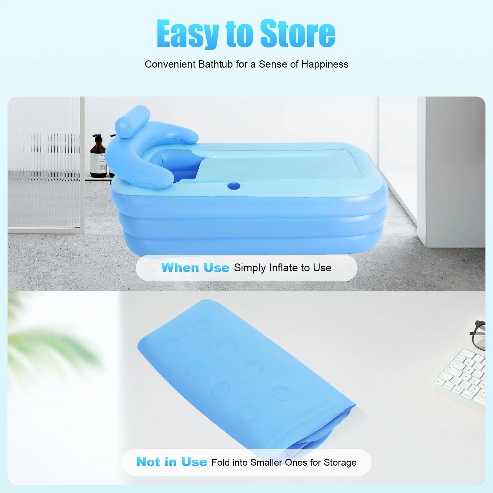 Bañera hinchable autoportante, móvil, plegable, 160 x 84 x 64 cm, para adultos y niños, con reposacabezas