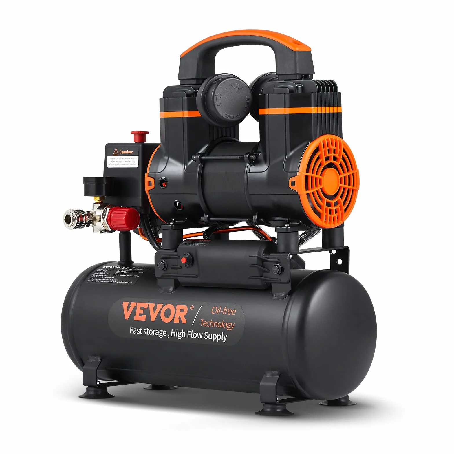 VEVOR Compresor de Aire Silencioso de 8L 900W 1,2CV Presión Máxima de 3,5 Mpa Motor sin Aceite 70 dB para Reparación de Automóviles Inflado de Neumáticos Pintura a Pistola