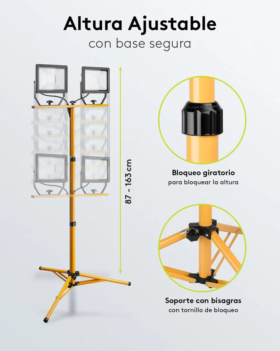 goobay Foco LED para Obras 49984-Foco construcción telescópico (Doble Cabezal, para Uso en Interiores y Exteriores, trípode de Metal, luz Blanca fría), Negro, Amarillo, 2x 50 Vatios