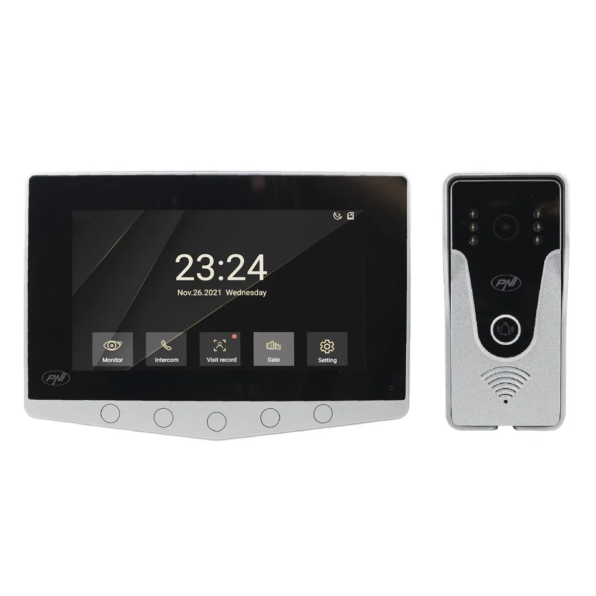PNI DF780 Sistema de videoportero de 1 monitor, pantalla táctil de 7" 1080p, ranura para tarjeta, IP65 admite conexión en serie de 4 monitores, 2 unidades externas y 2 cámaras CCTV