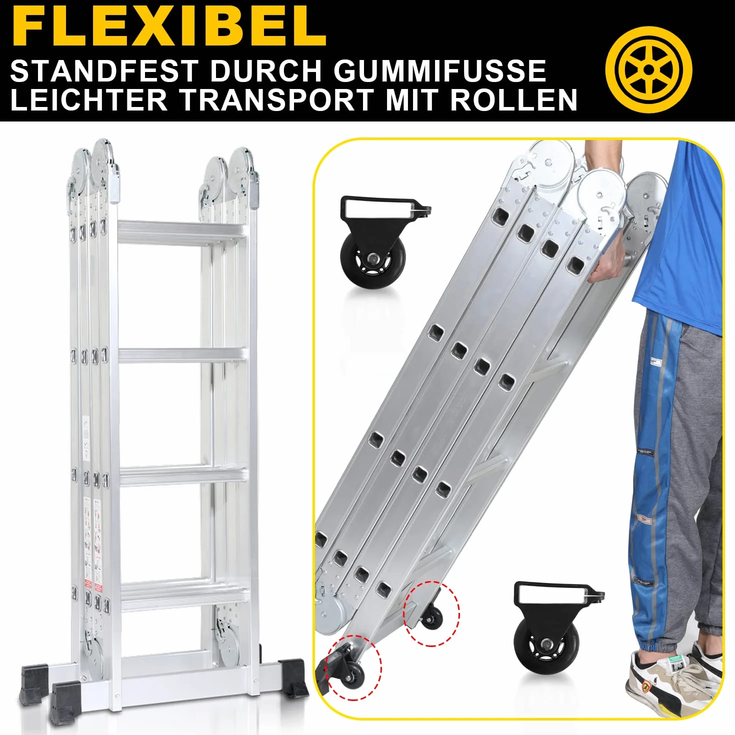 Escalera Multiusos de Aluminio de 4 x 4 peldaños, 470 cm, 7 en 1, con Plataforma, Escalera con 2 Placas de andamio, Escalera Multiusos Plegable, 16 peldaños, Color Plateado