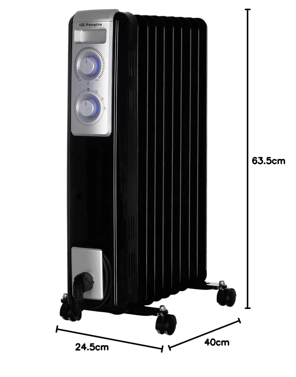 Orbegozo RN 2000 - Radiador de aceite, 9 elementos, luz LED, termostato regulable, Recogecables, Ruedas pivotantes, Negro, 2000 W