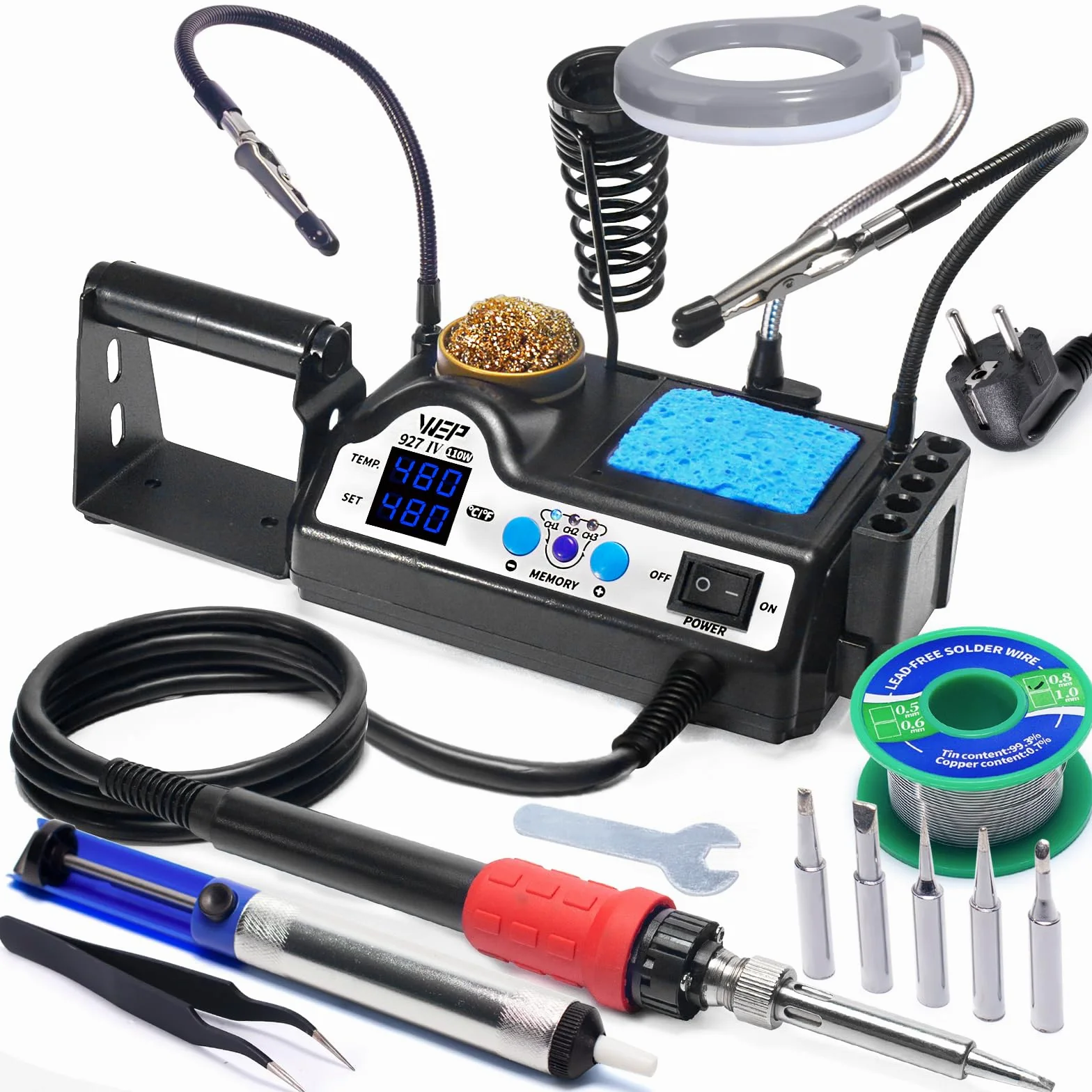 WEP 927-IV V1 Kit Estación de Soldadura Soldador de Estaño 110W con 3 Canales Preestablecidos, Modo de Reposo, Lupa LED, 5 Puntas de Soldar, 2 Manos Auxiliares, Hilo de Soldadura (enchufe UE)