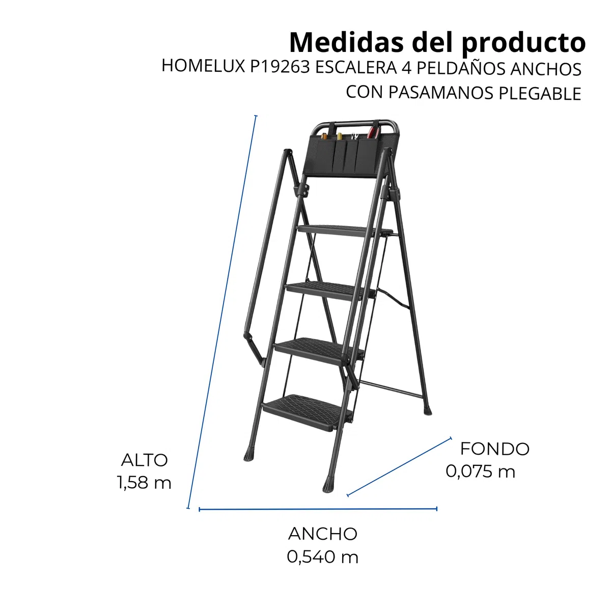 Homelux P19263 Escalera Plegable 4 Peldaños Anchos con Pasamanos – Peldaños de Polipropileno Antideslizantes con Estructura de Abeja – Escalera Hogar Segura y Compacta