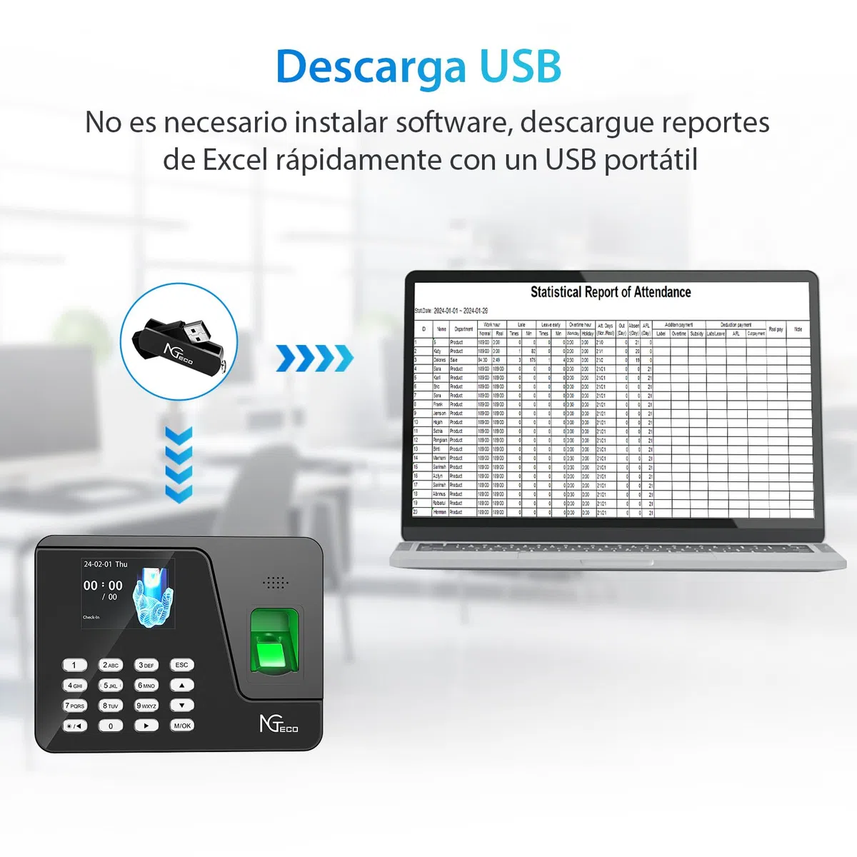 NGTeco Control Horario Empleados con Instalación Sencilla para Pequeñas Empresas en España, Funciona sin Internet, Cálculo Automático y Reloj Fichar con Huella AS10 (Sin Cuota Mensual)