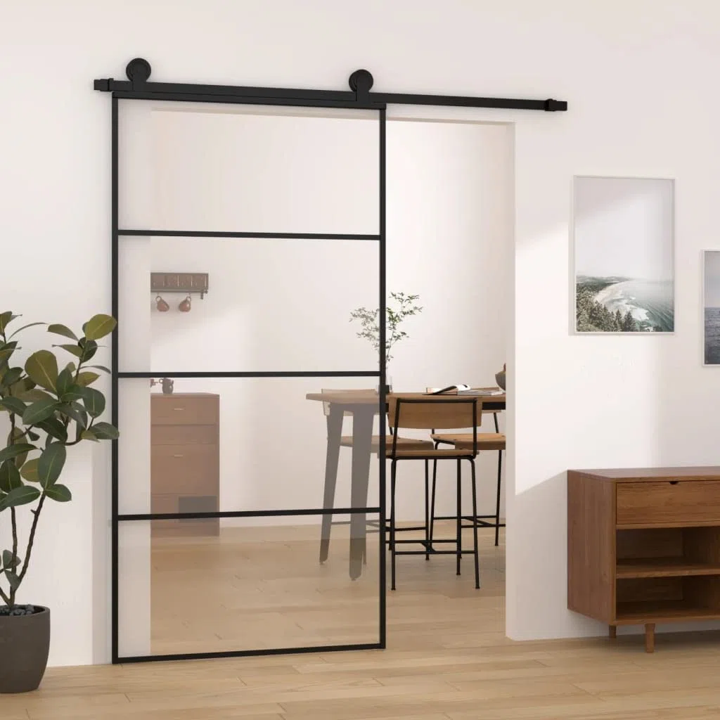 Puerta Corredera de Cristal con Set Herrajes Accesorio Puertas Interior Puerta corredera ESG Vidrio y Aluminio Puertas Interior Cristal para Sala de Estar Salón Habitación-102.5 x 205 cm