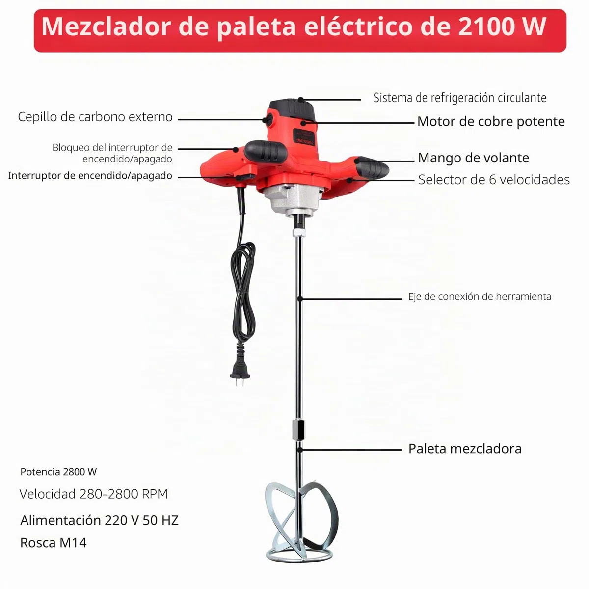 JUSTOOL 2100W Mezclador de Taladro de Hormigón Eléctrico Mezclador de Mortero Eléctrico 220V 6 Velocidades Ajustables 280-2800Rpm Agitador M14 Ajustable para mezclar yeso/pintura/mortero/pegamento