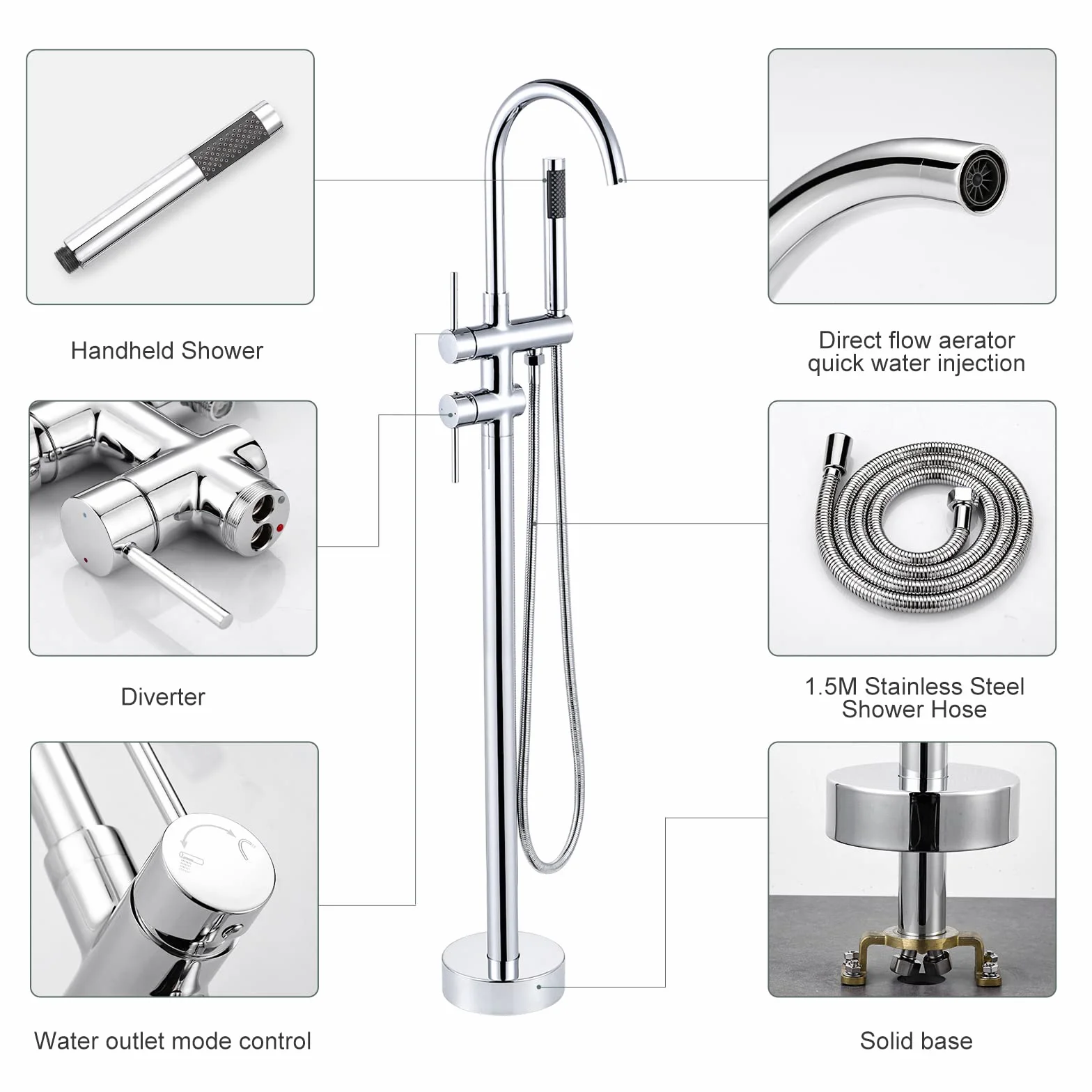 ARCORA Grifo Bañera Suelo con Ducha Giratorio 360° Cobre Acero Inoxidable Cartucho Cerámico Cromo