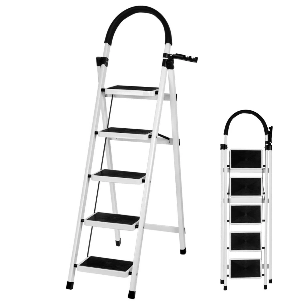 Escalera Plegable de Acero de 5 Peldaños, Escalera Doméstica Antideslizante con Barandilla para Cocina, Hogar y Oficina - Blanco | Antideslizante, Para Cocina, Para Hogar, Para Oficina, Doméstica