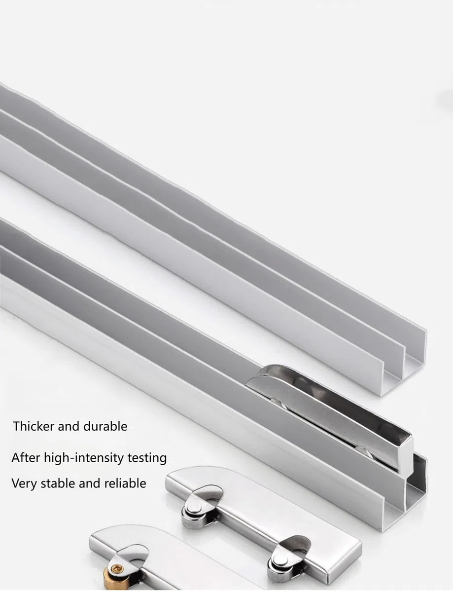 Kit de riel para puerta corredera de cristal, riel de aluminio de doble canal con rodillos silenciosos, se adapta a vitrinas y armarios, incluye 4 poleas
