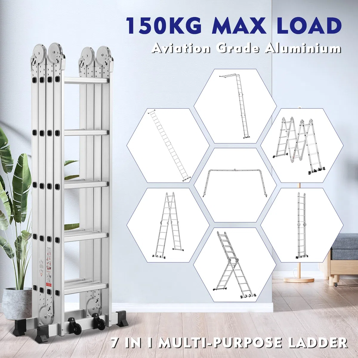 TEENO Escalera Multiusos 7 en 1, 4x5 Escalones 5.82 M de Aluminio, Escalera multifunción con 2 Plataformas y 2 Ruedas Rimovibili, 20 Peldaños, Carga Máxima de 150 kg, para Pintar, Techos, Jardín