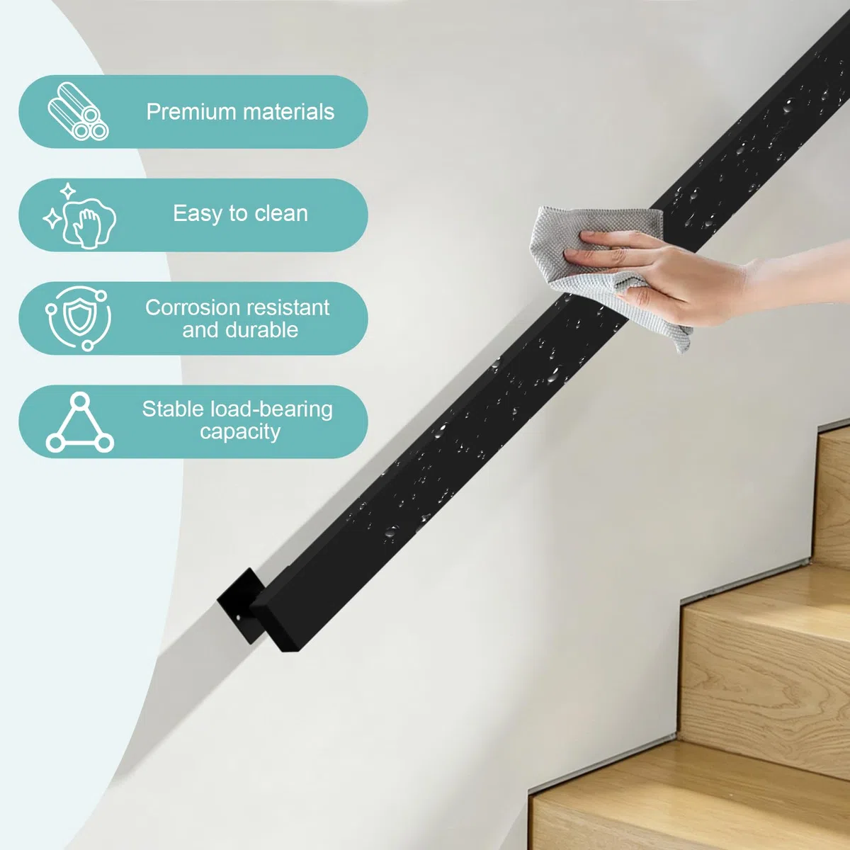 Pasamanos Escalera con Accesorios, 60-600CM, Pasamanos para Las Escaleras de Hierro Forjado, Negro, Barandilla Escalera para Interiores y Exteriores pared Loft Ancianos (150CM)