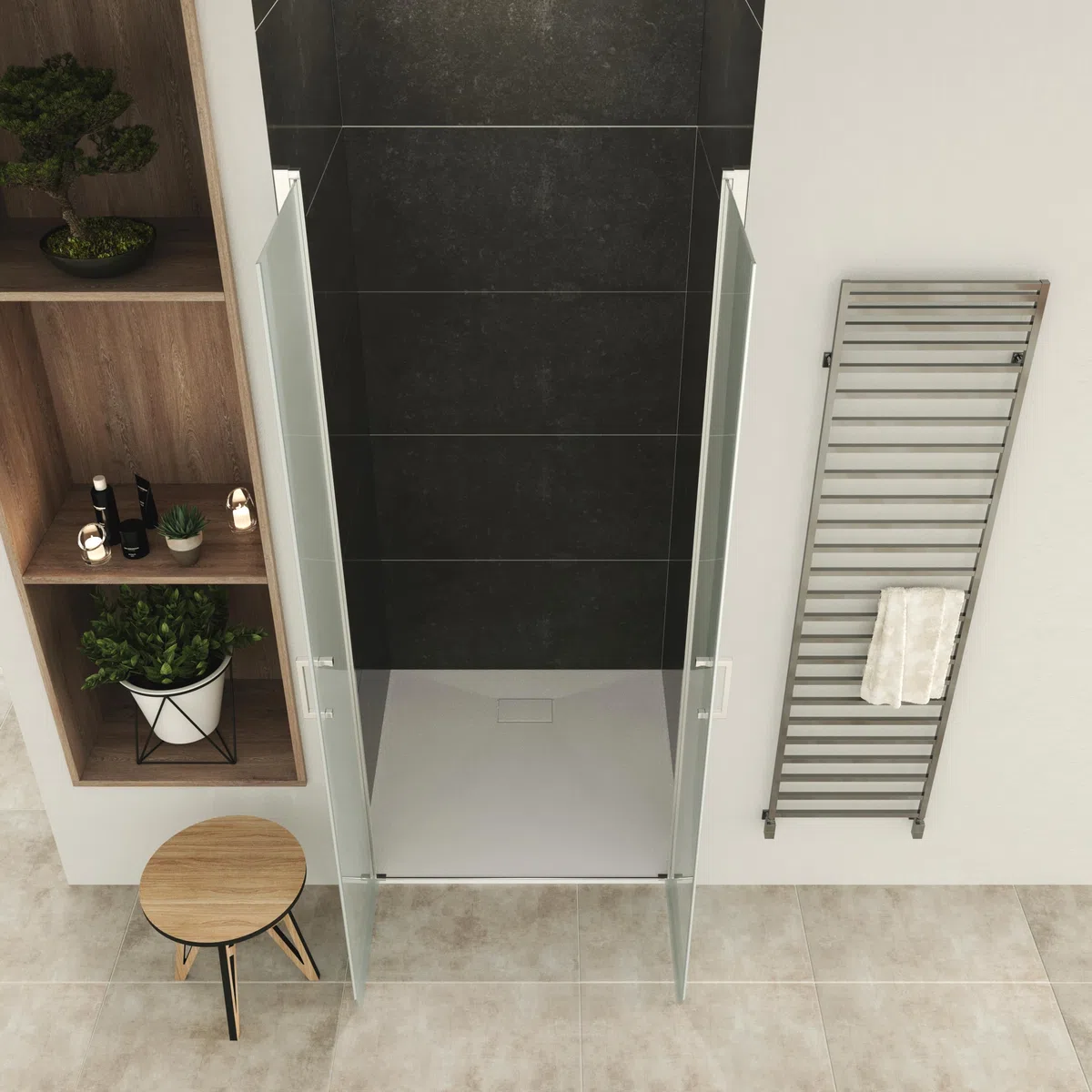 Mampara de Ducha LARA, Puerta Doble Abatible 77-80 x 195 cm - Vidrio de Seguridad Satinado ESG 6MM, Perfiles Cromo #NF