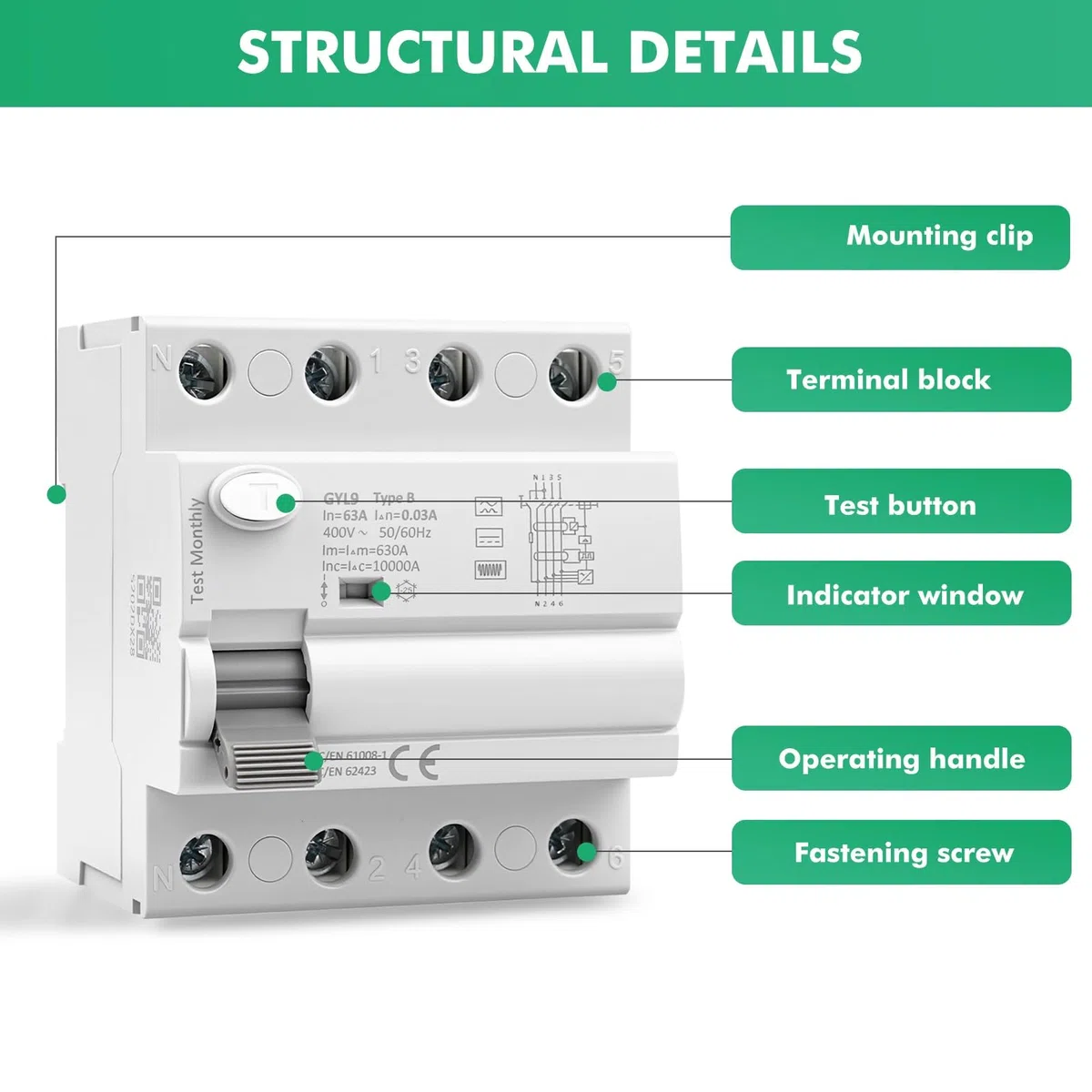 Jadeshay Disyuntor Diferencial Tipo B 3P+N 63A 30mA 400V RCCB Interruptor Diferencial Residual para Sistema Fotovoltaico Estación de Carga y Equipo Industrial