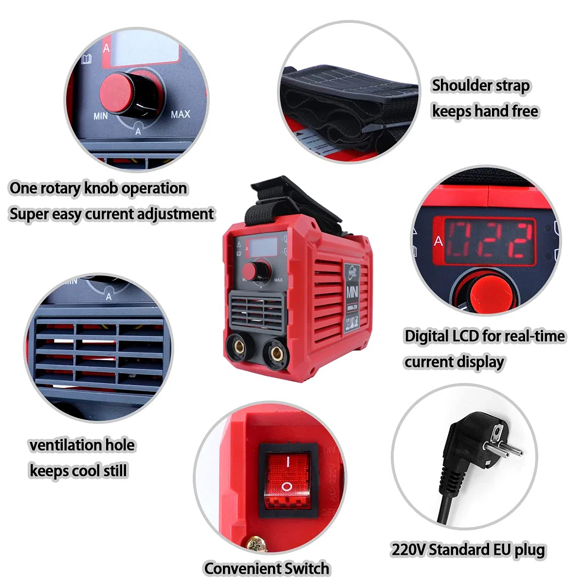 Mini Soldador Inverter,250A MMA Maquina de Soldar Electrodo con Solo 1,65KG de Peso Ultraligero,Tecnología IGBT,220 x 105 x 160 mm Portátil,Roja