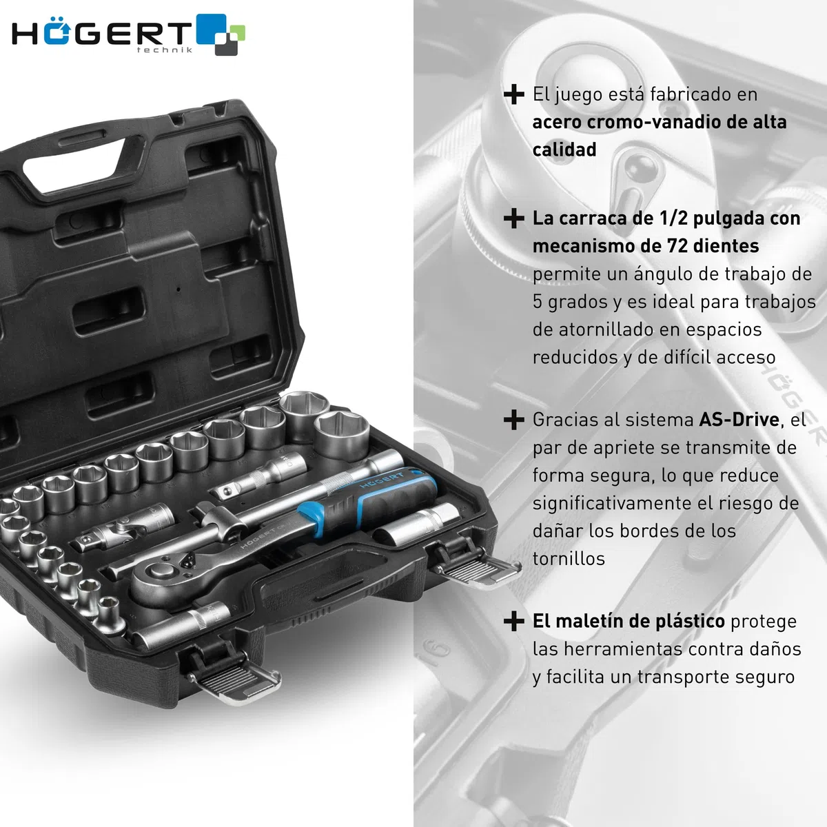 Högert Technik - Juego de llaves de vaso de 24 piezas de 1/2 pulgada con llave de carraca, llave de carraca, llaves de vaso de 8-32 mm de acero CrV en maletín para taller y garaje
