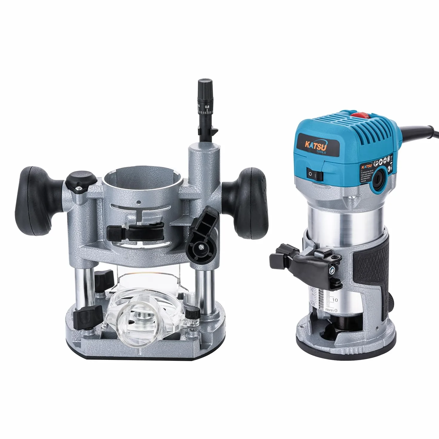 KATSU Tools Fresadora/trimmer eléctrica 710 W madera – arranque suave, base de inmersión, cuerpo aluminio, 3 portabrocas (1/4", 6 mm, 8 mm) bricolaje