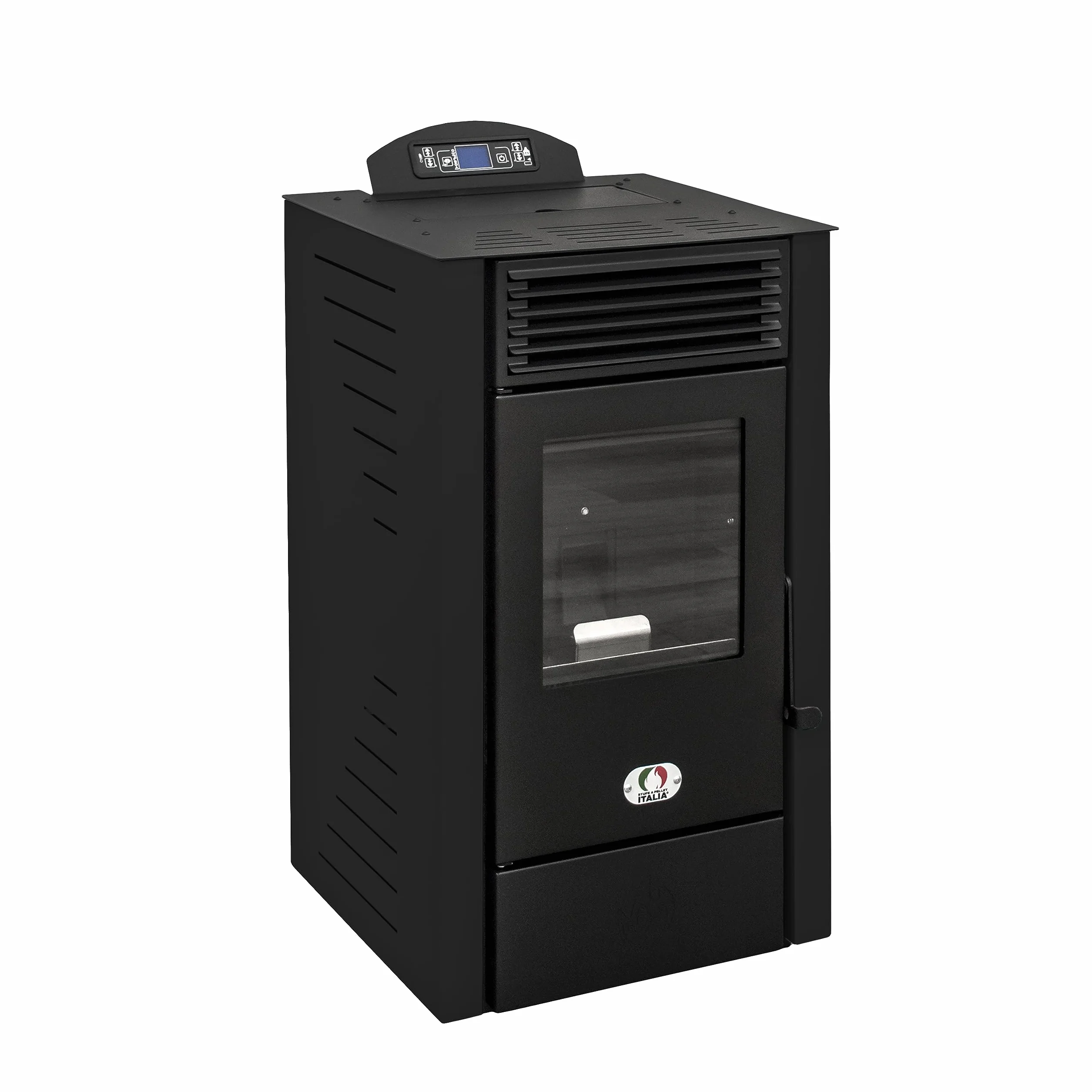 Stufe a Pellet Italia Srl - Estufa de pellets California, 8 Kw, estufa de pellet, ventilada, calienta hasta 60 m², 5 niveles de potencia, 5 velocidades de ventilación, programable, color negro