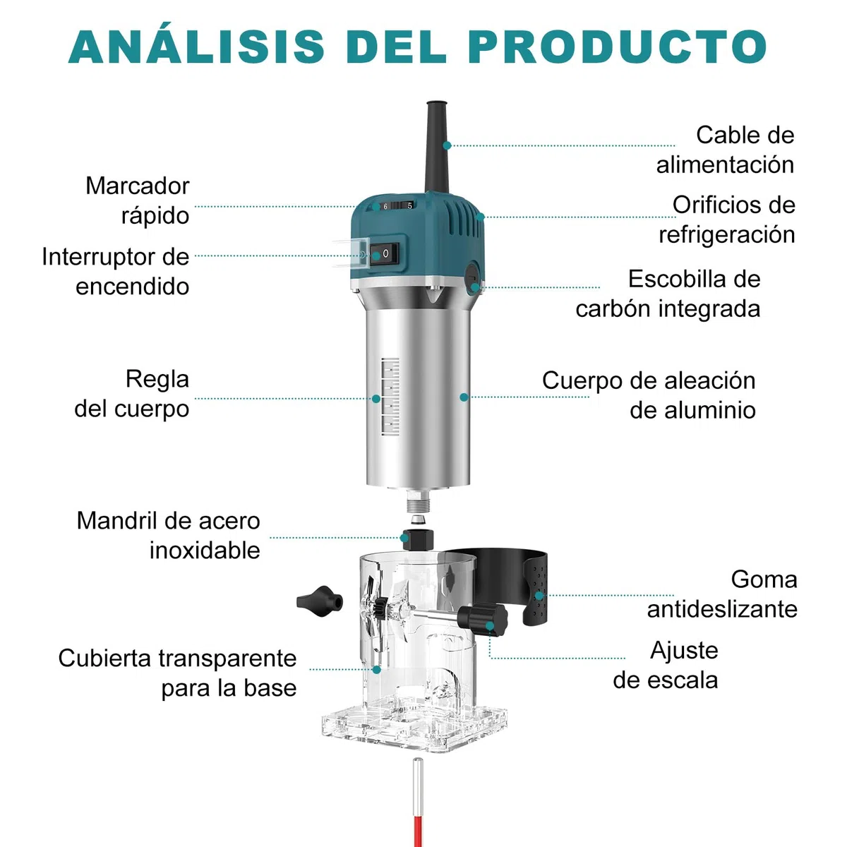 Fresadora de Madera Rebajadora Eléctrica 800W 30000RPM, 6 Velocidades Variables, con 15 Piezas de 1/4" Router Bits, para la Bricolaje Talla de Recorte