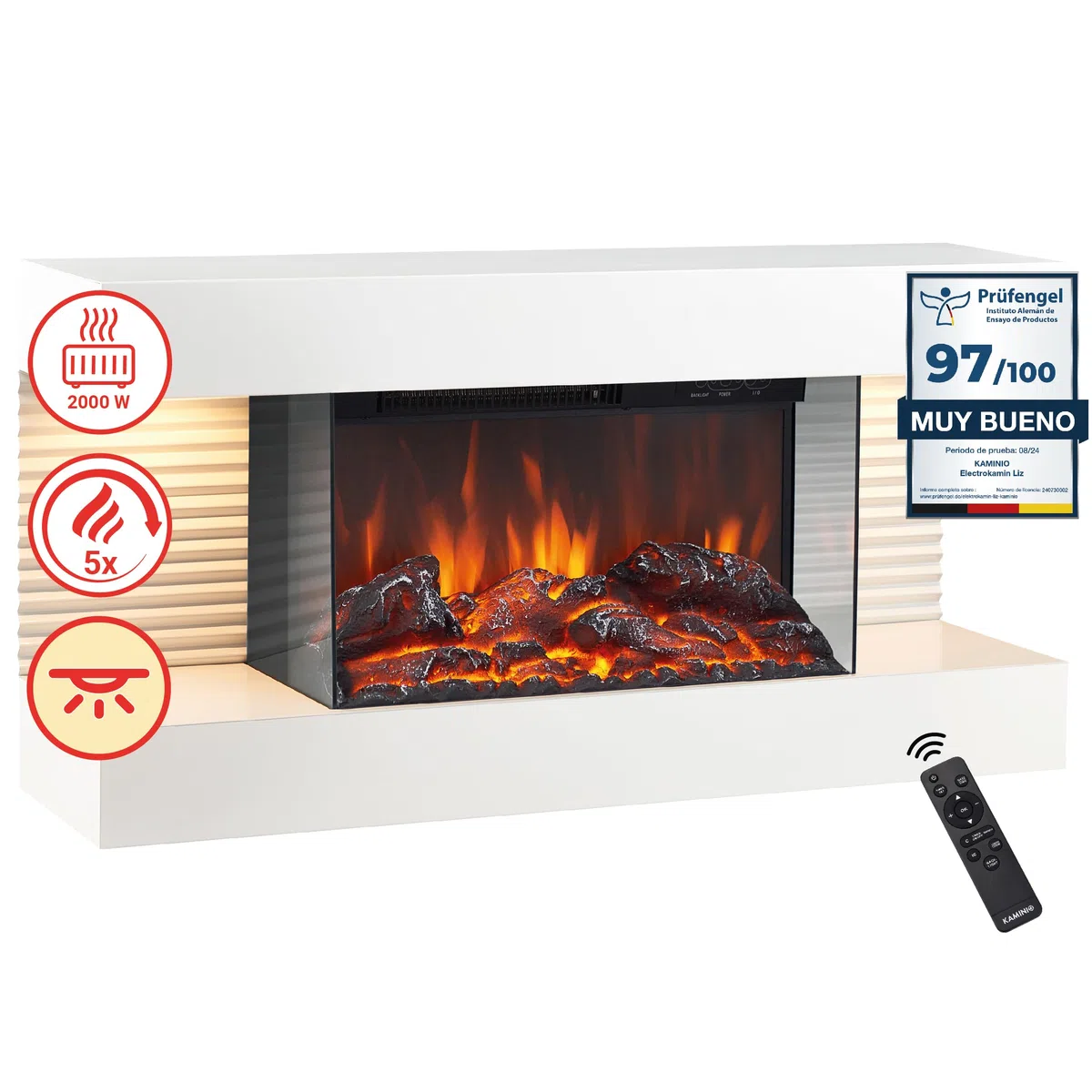 KAMINIO Eléctrica Chimenea Liz - Chimenea eléctrica de Pared con calefacción, Efecto de Llama 3D, Luz Ambiental LED, Control Remoto (Blanco)