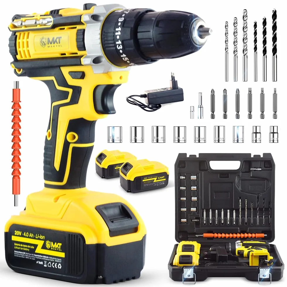 MAKTUL Taladro Percutor a Bateria Potente 2x4000mAh 20V Destornillador Electrico Atornillador Multifunción Inalámbrico con Accesorios Bricolaje 100% Compatible, Luz Nivel Ajuste de Par, 2 Velocidades