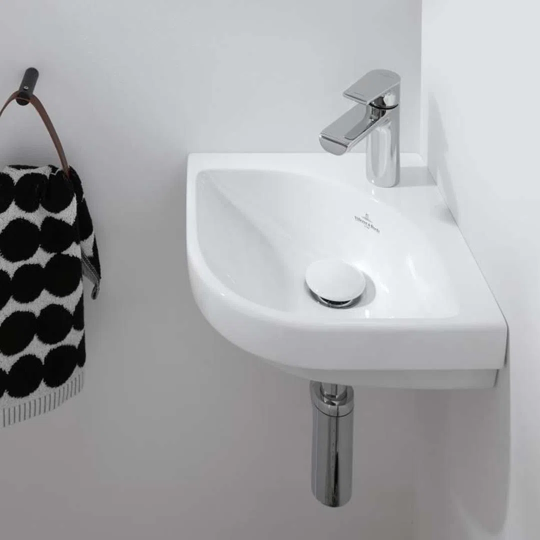 Villeroy & Boch Subway 3.0 lavabo esquinero con enjuague manual, 320 x 320 mm, 1 agujero para grifo, sin rebosadero, sin suelo, 437146, Color: Cerámica Blanca
