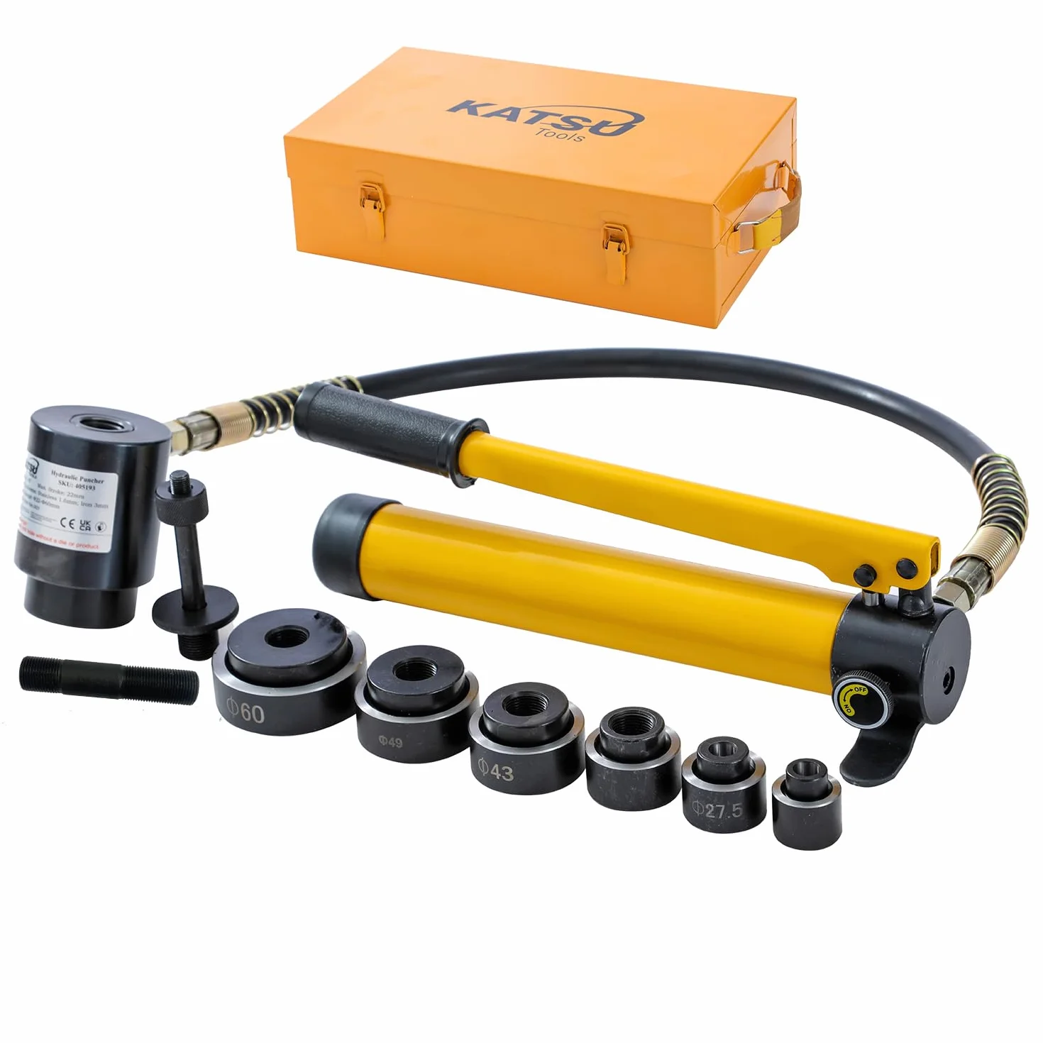 KATSU Perforadora Hidráulica Manual, 10T 22-60,5mm Kit de Herramientas de Punzonado Hidráulico, 6 Matrices Juego de Punzón Hidráulico para Perforar Chapas Metálicas, Plástico 405193