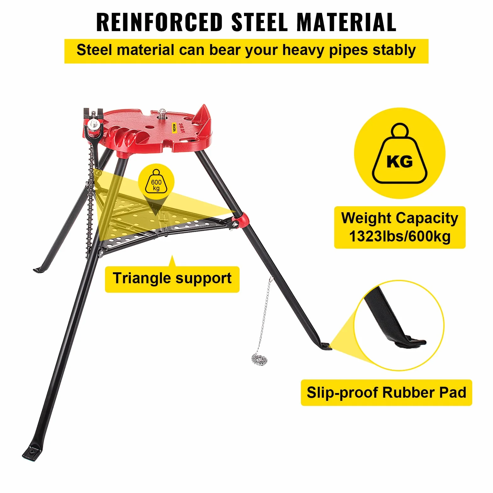 VEVOR Soporte para tuberías con trípode para Tubos 3,2 a 152 mm Patas de Acero Plegables Soportes para Tubos con Bandeja Tornillo de Banco con Cadena para una Variedad de Materiales de tuberías