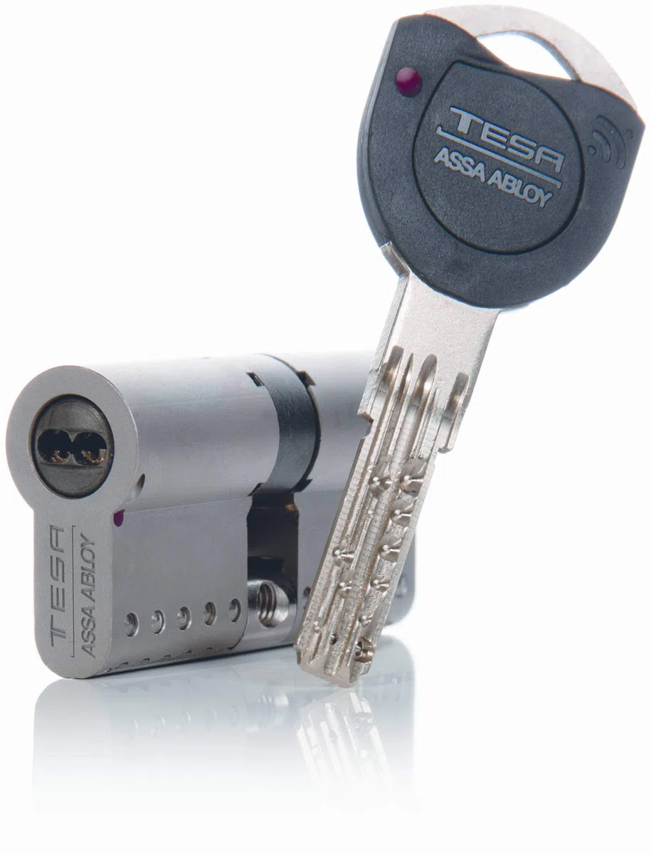 Tesa Assa Abloy, MK153050N, Cilindro de Alta Seguridad, TK100, Doble Embrague, Leva Corta, Llave - Llave, Niquelado, 30 x 50 mm