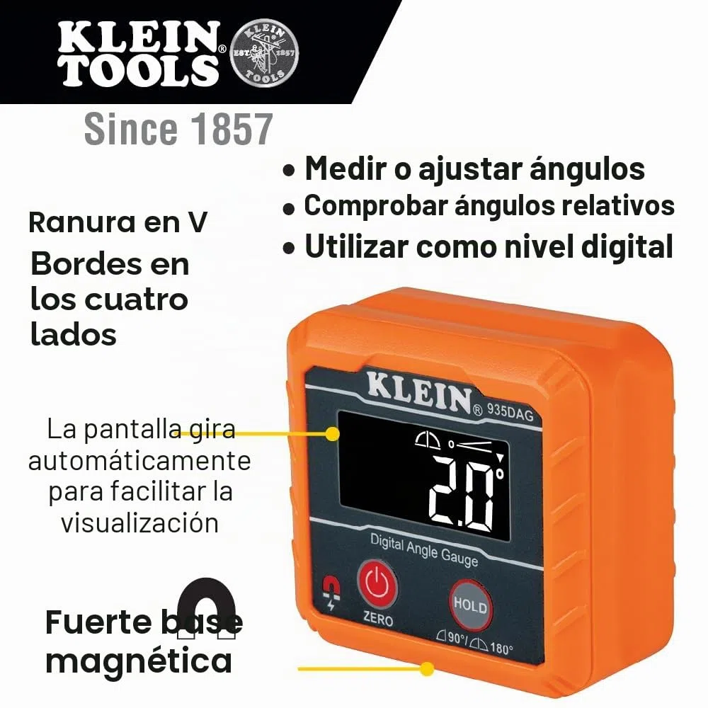 Klein Tools 935DAG - Medidor electrónico digital de nivel y ángulo, mide 0–90 y 0–180 grados, mide y establece ángulos