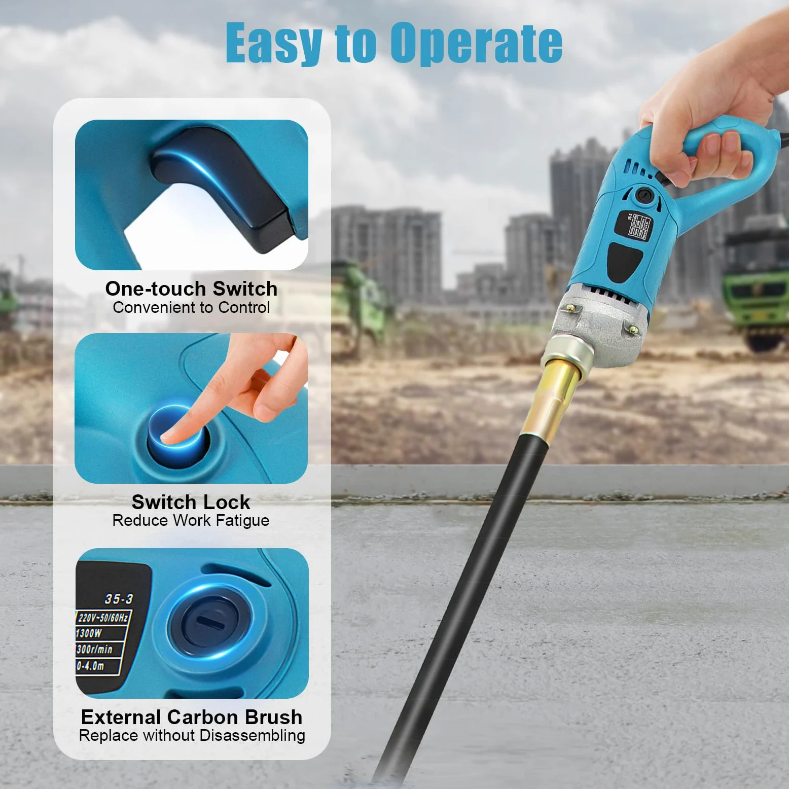 Vibrador de hormigón de 220 V, 1300 W, 4300 rpm, con manguera de 1,5 m y 3,5 cm de diámetro, para construcción de puentes, instalaciones industriales