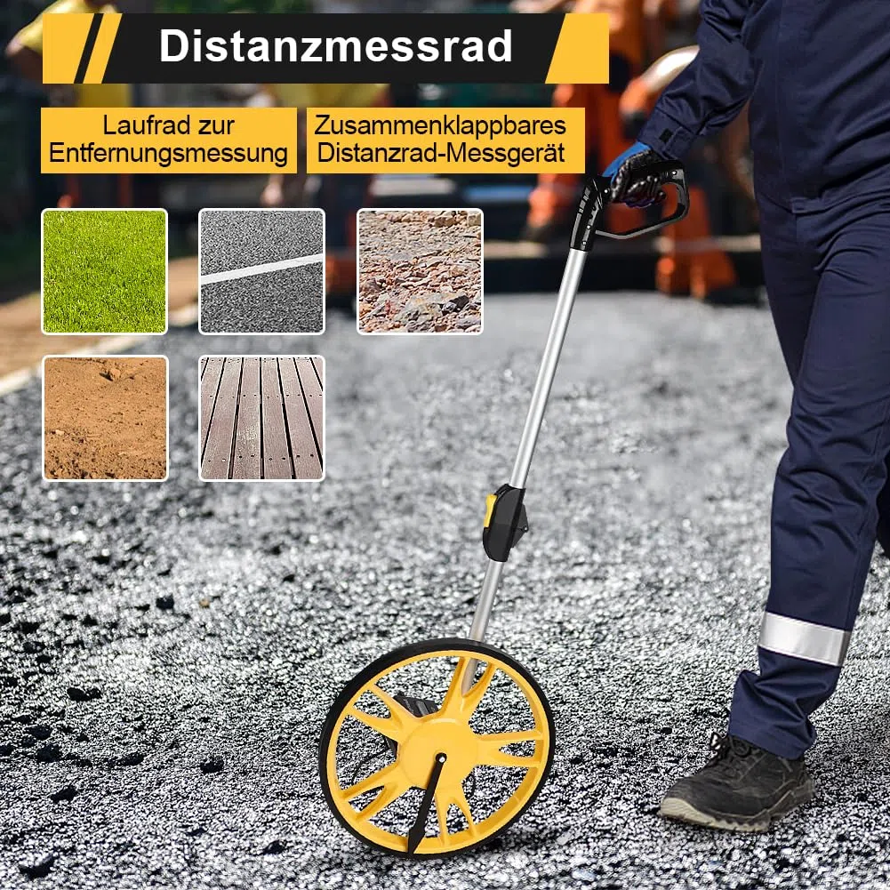 Rueda de Medición de Distancia con Mango Plegable, hasta 9999,9 m, Diámetro 32 cm, con Bolsa de Transporte, para Agrimensor