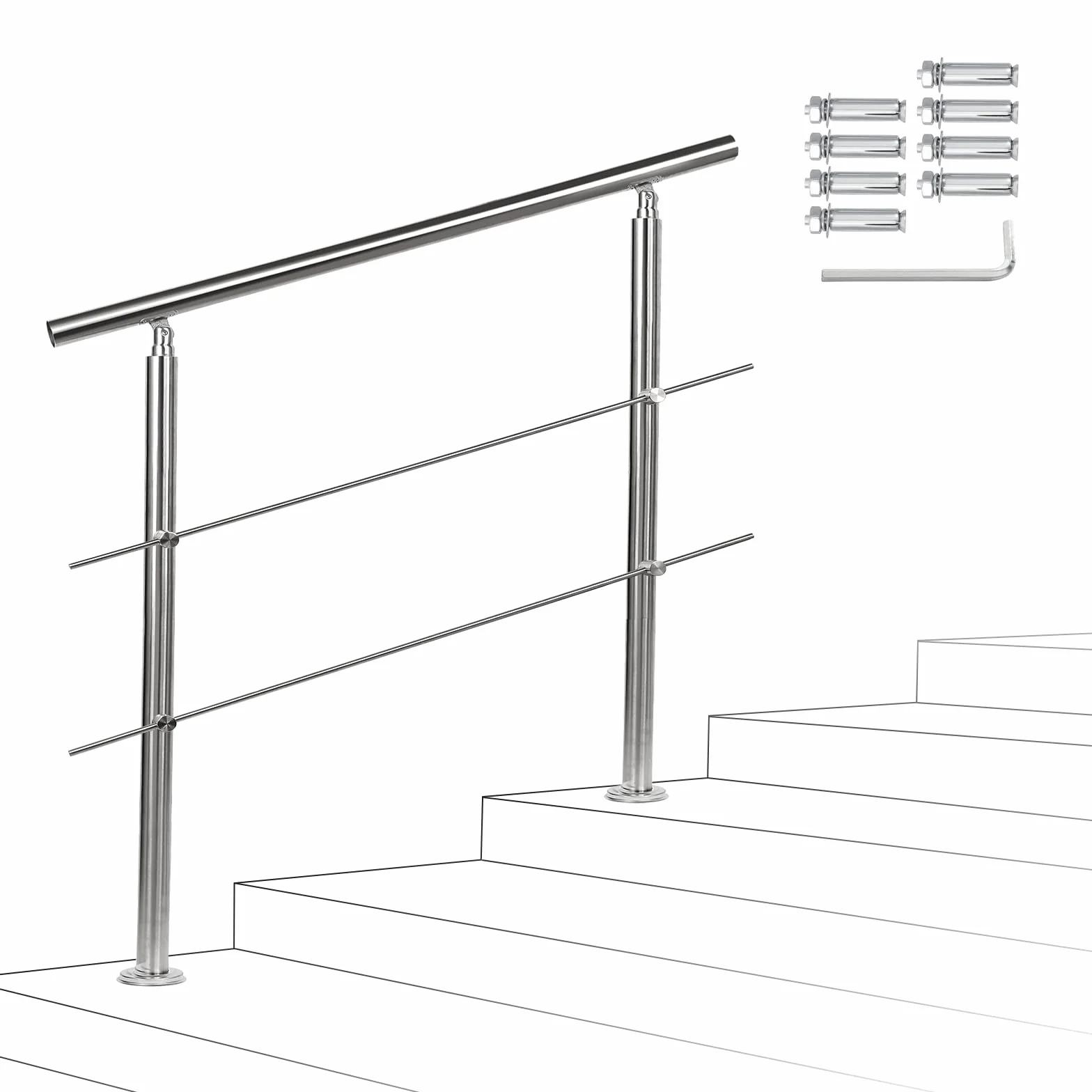 Sonnewelt Pasamanos escalera acero inox 150 * 4.2 * 106.5cm,2 barras,barandilla con kit de instalación,para interiores y exteriores, escaleras, balcón, balaustrada
