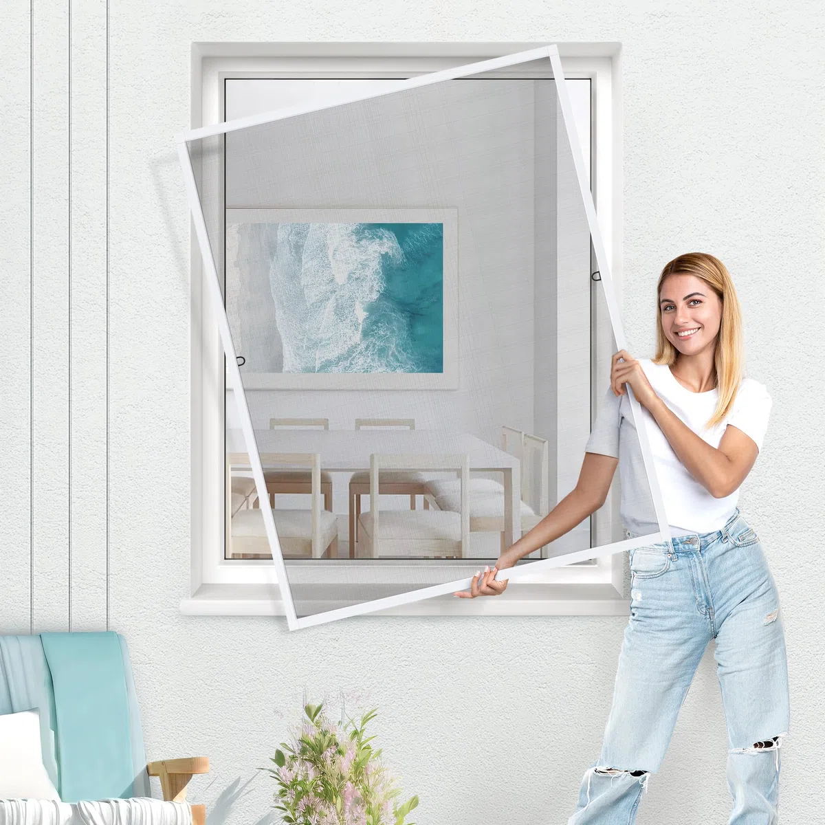 jarolift Mosquitera para Ventanas SlimLine, Montaje sin Perforación, con Marco de Aluminio, 120 x 150 cm, Color Blanco