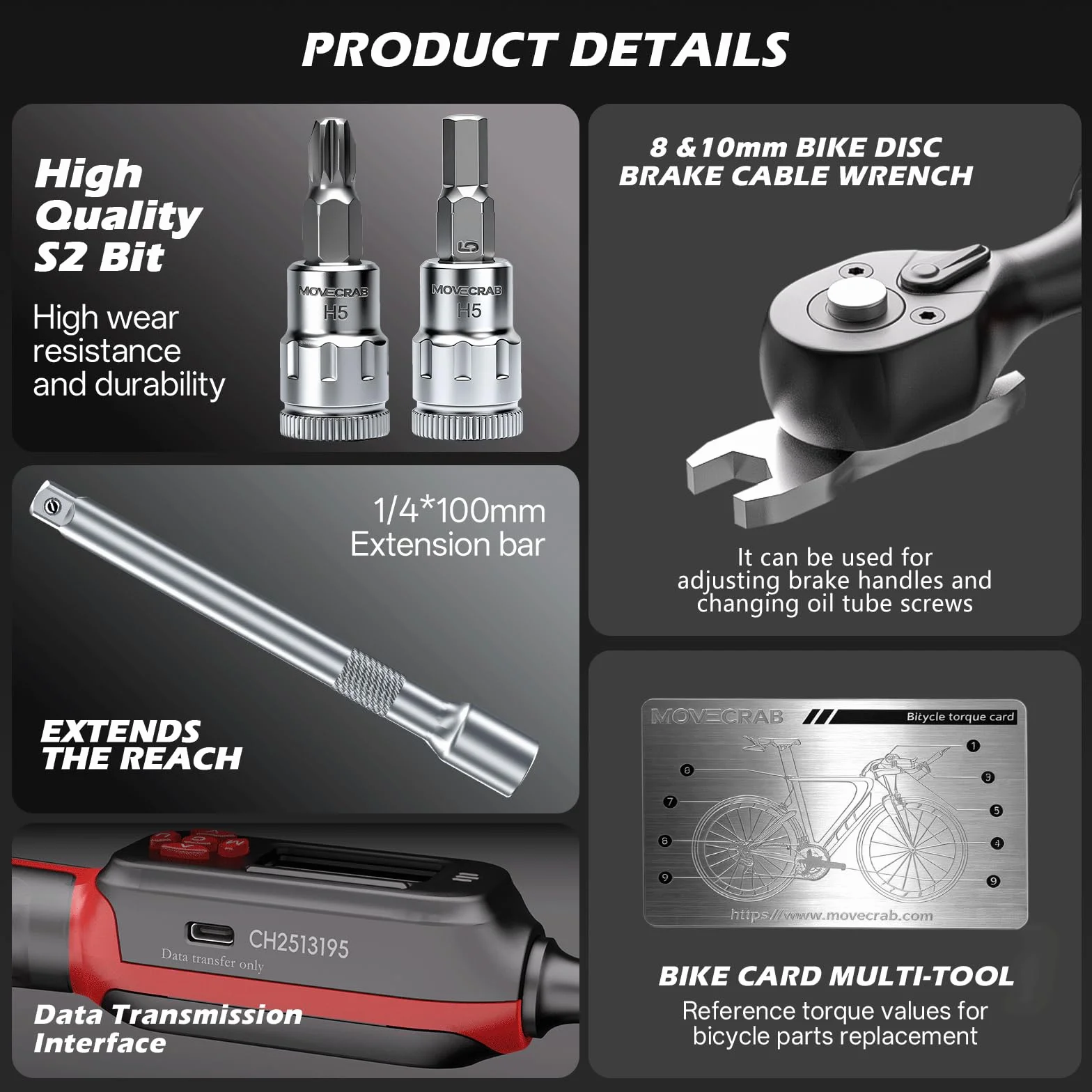 Llave Dinamométrica Digital 1/4", Juego de Llaves para Bicicleta 1.5-30 Nm, Acero S2, Precisión ±2%, Incluye Llaves de Freno 8/10mm, Extensión y Vasos para MTB/Carretera