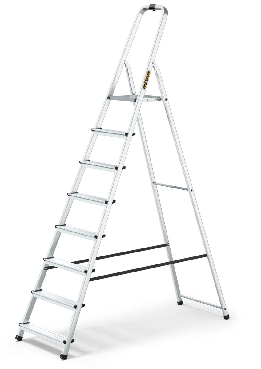 DRABEST Escalera de Tijera Plegable de 8 peldaños Escalera de Aluminio con Bandeja de Trabajo Escalera doméstica Capacidad de Carga hasta 125 kg Gancho Libre