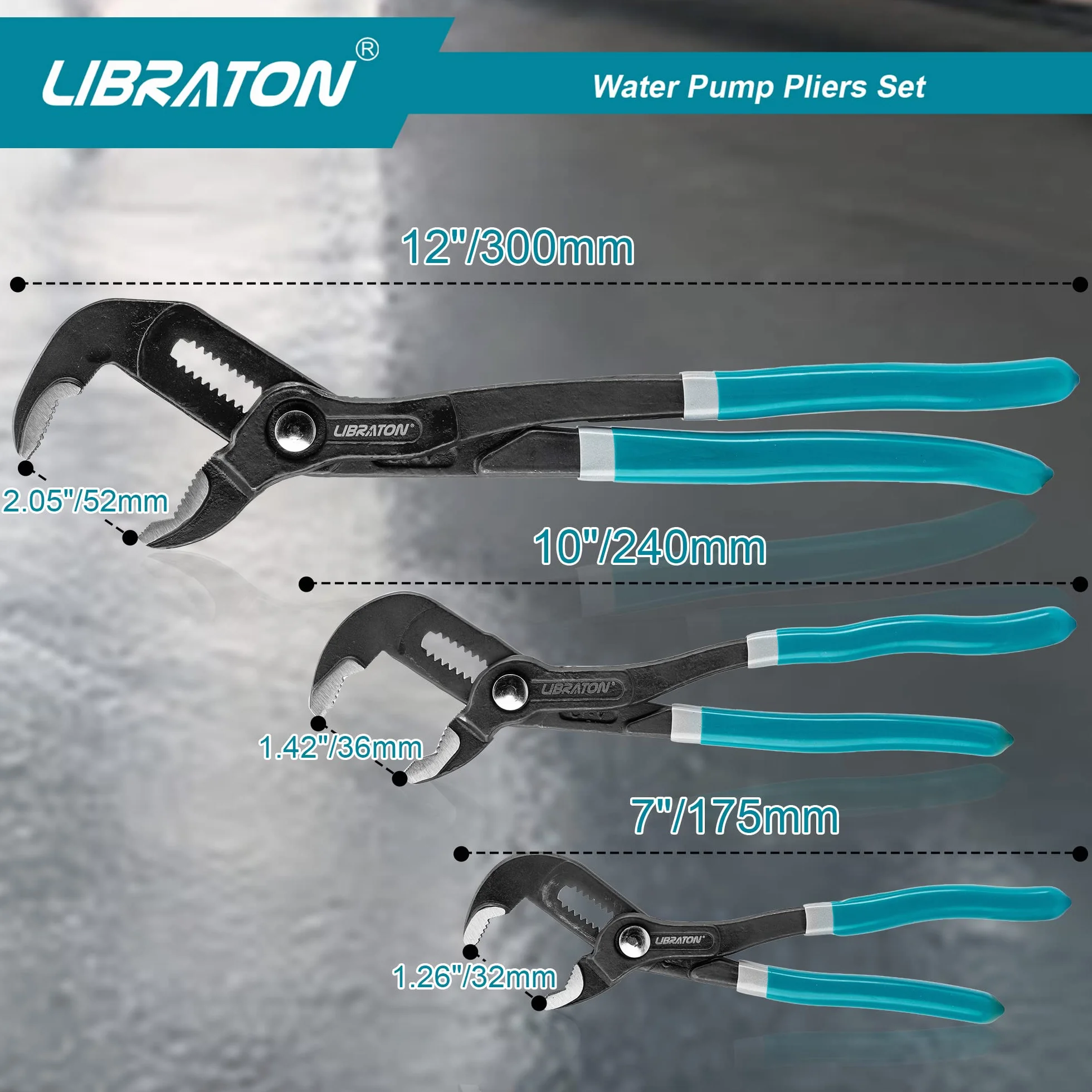 Libraton Alicates Pico Loro, Alicates Para Bombas de Agua, Juego de 3 Tenaza para Bomba de Agua de acero Cr-V, Licates Extensibles con Dispositivo de Liberación Rápido, para Tubos y Tuercas