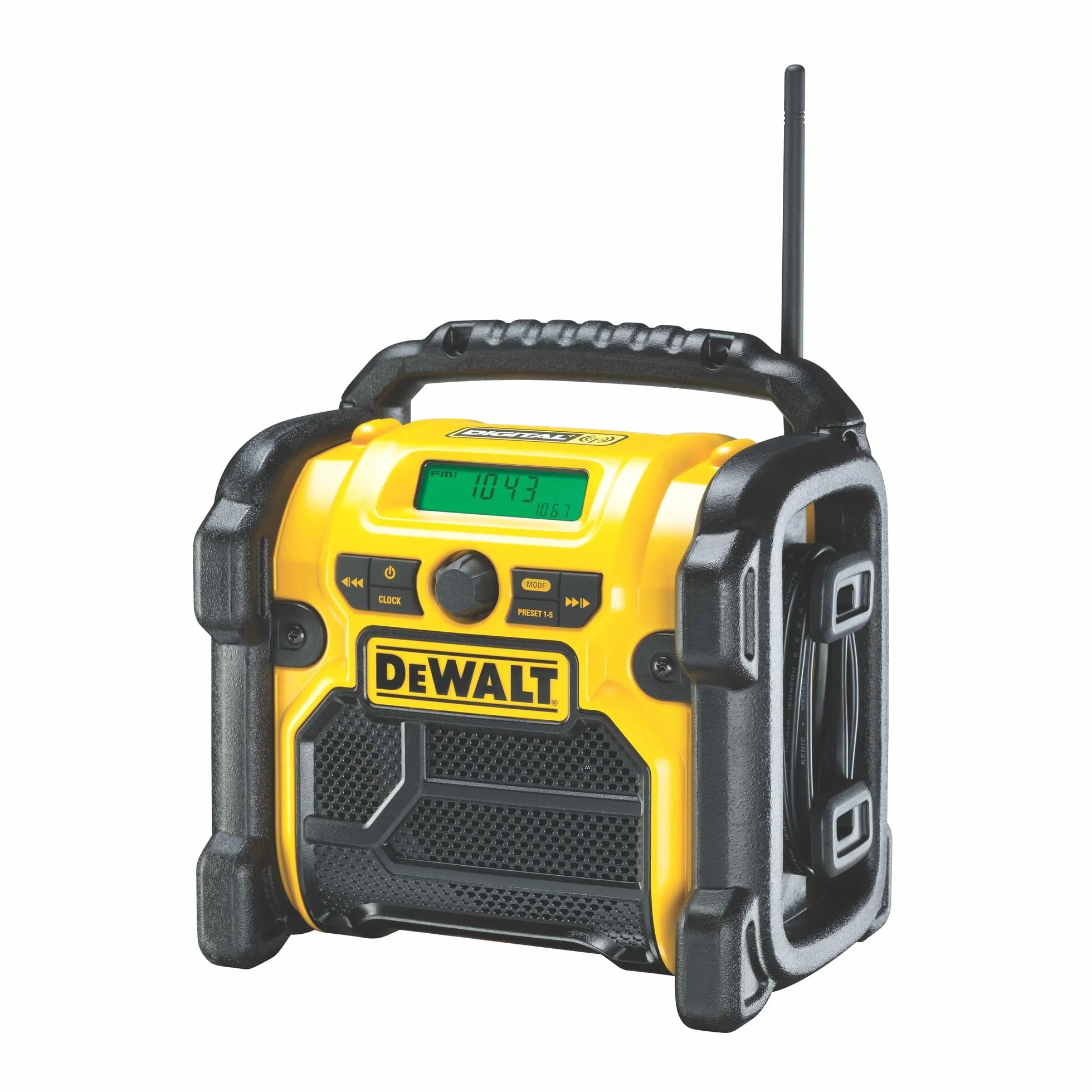 DEWALT DCR020-QW - Radio de trabajo compacta 10.8V - 14.4V - 18V, Puerto USB, Entrada Auxiliar, Sintonizador Digital, Frecuencia: FM/AM/DAB, Incluye Adaptador de Corriente, Se entrega sin batería