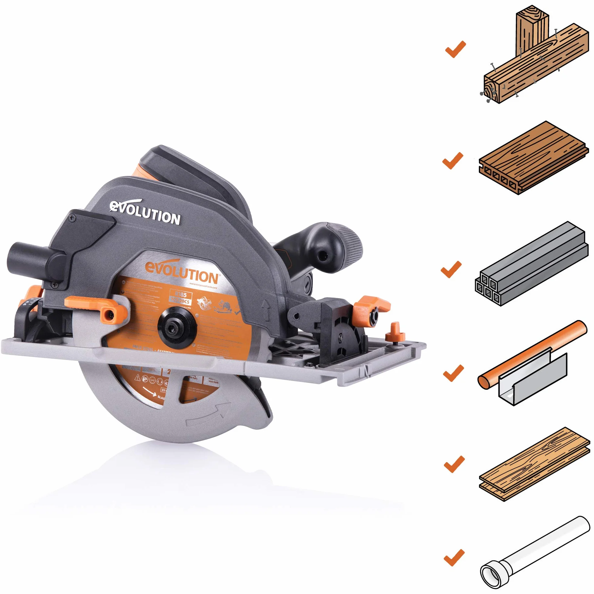 EVOLUTION POWER TOOLS R185CCSX Sierra Circular multimaterial Compatible (Paquete de combinación 1020 mm con guía incluida), 230 V, 185 mm