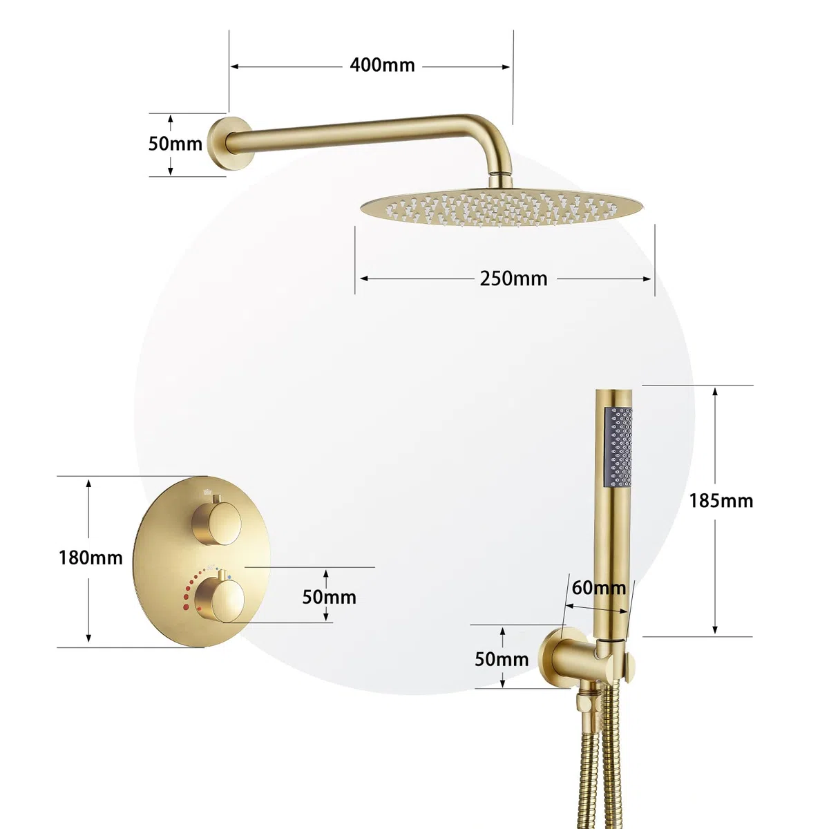 SaniteModar Ducha Empotrada con Termostato | Grifo Ducha Empotrado con Ducha de Lluvia 25cm y Rociador de Mano | Oro Cepillado