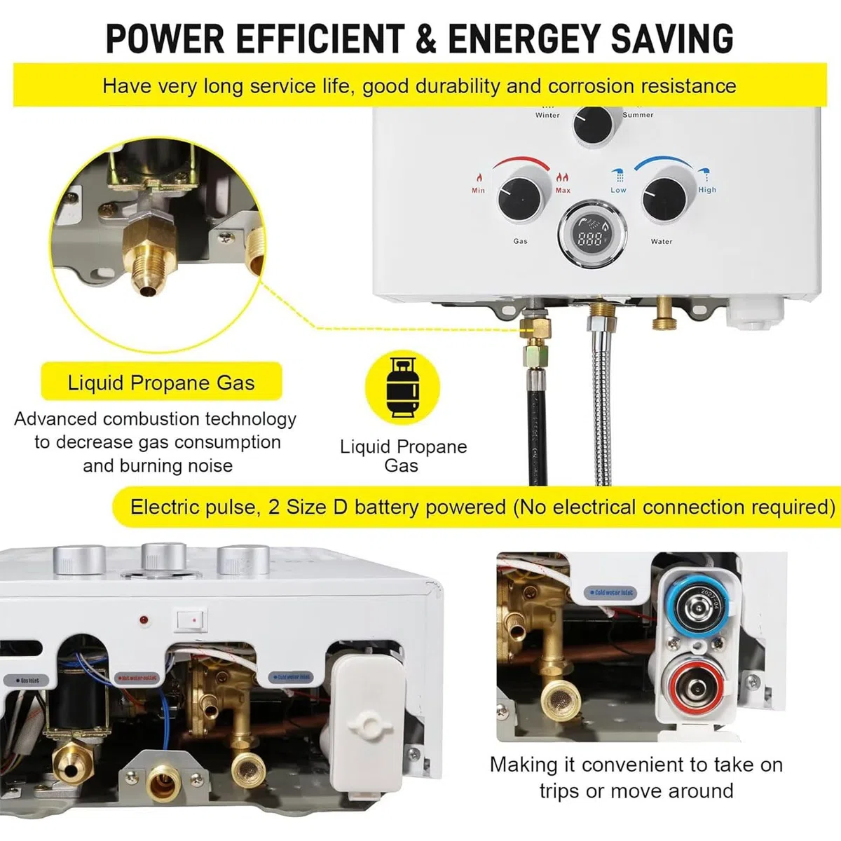 Calentador de Agua a Gas, 16L Calentador de Agua LPG Instantáneo, Calentador de Agua Sin Tanque Con Pantalla LED, Para Duchas al Aire Libre [Clase de eficiencia energética A]
