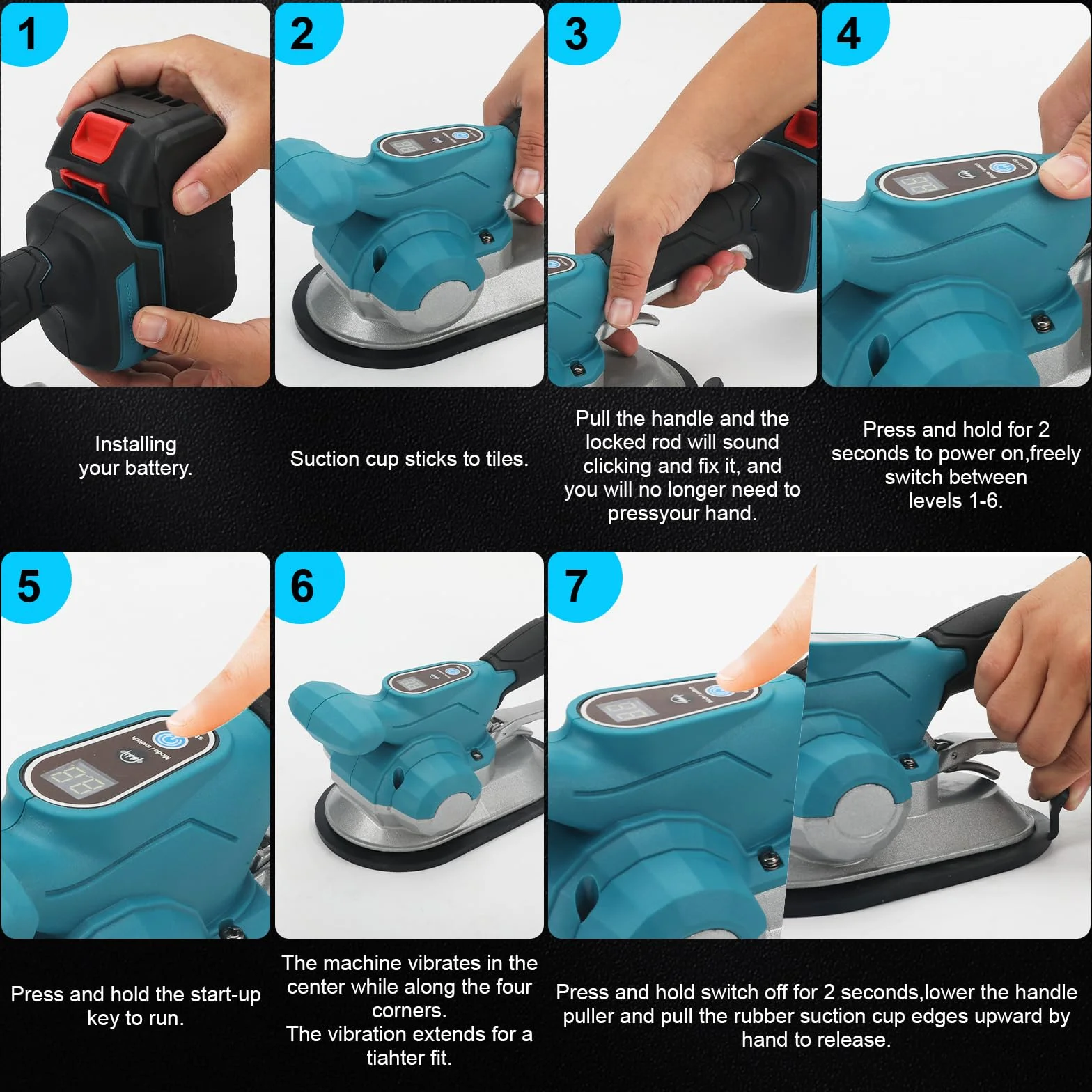 Vibrador de azulejos con batería, compatible con batería Makita de 18 V (sin batería incluida), colocador de azulejos con 6 marchas ajustables, ventosa de 20 cm, fuerza de sujeción de 200 kg, pantalla