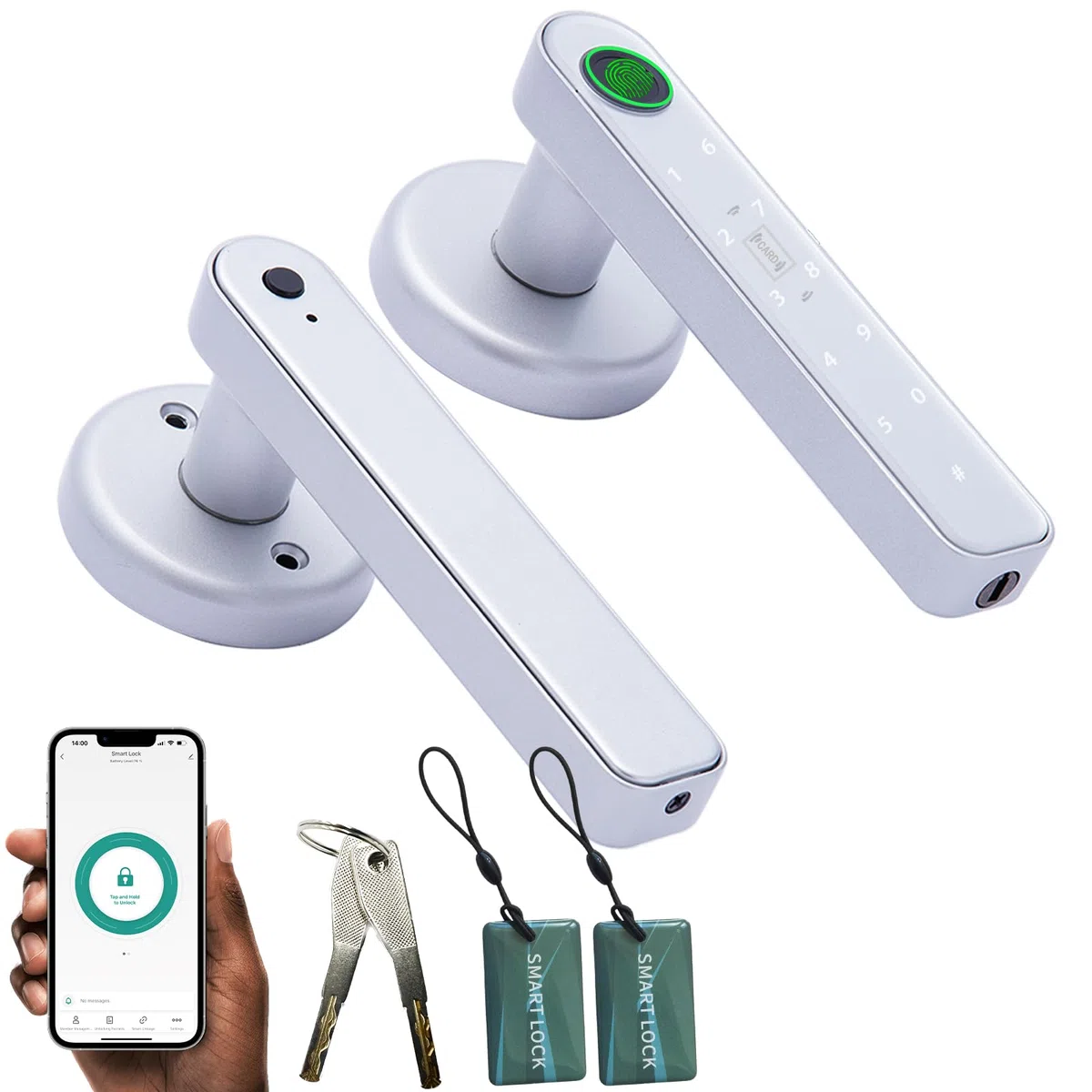 Cerradura de Puerta Inteligente con Huella Dactilar, Manija de Puerta Inteligente Automática 5 en 1 con Control por APP/Huella Dactilar/Tarjetas IC/Contraseña/Llaves de Respaldo, Cerraduras Digitales